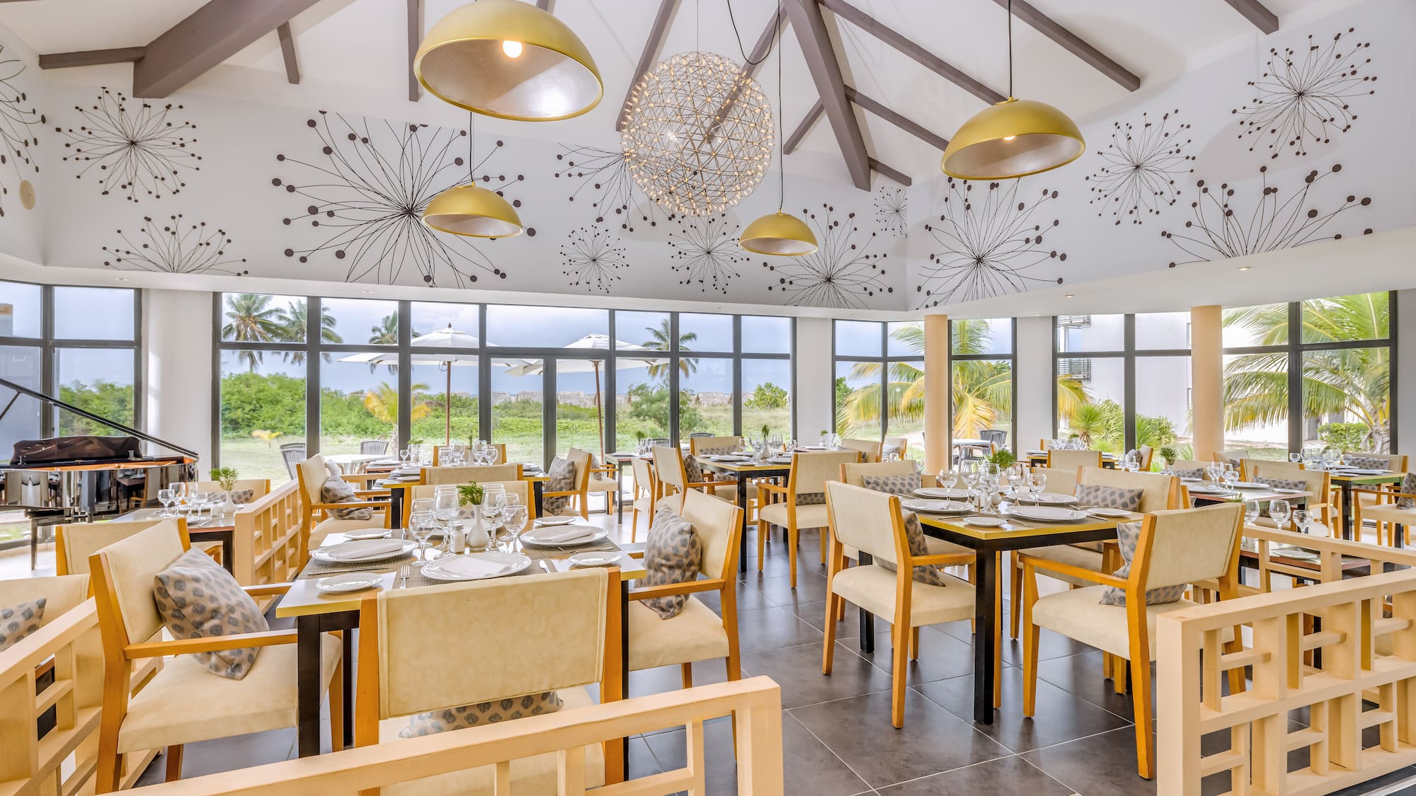 a room with tables and chairs