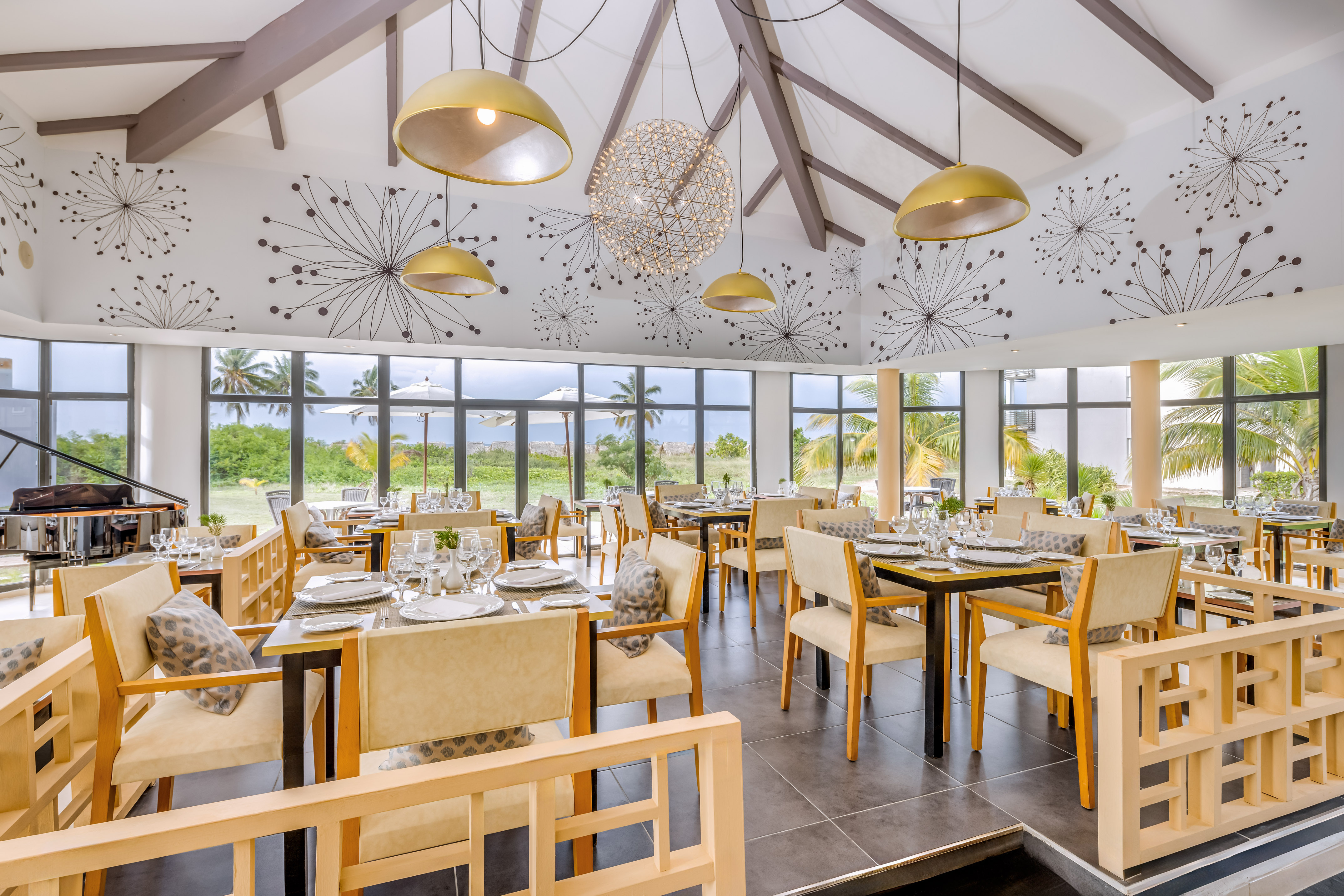 a room with tables and chairs