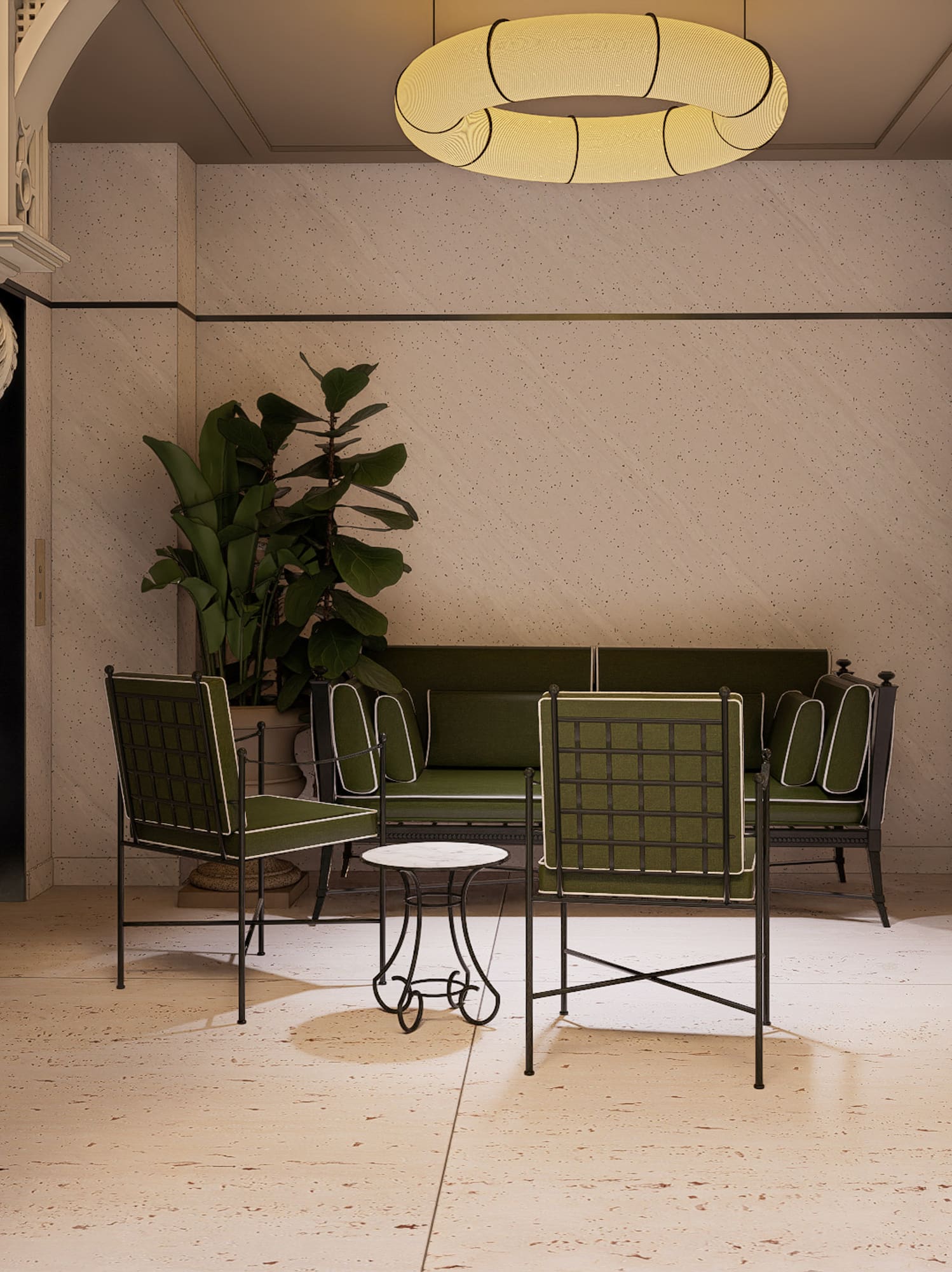 Salón elegante con sofá verde, sillones, plantas y diseño interior clásico.