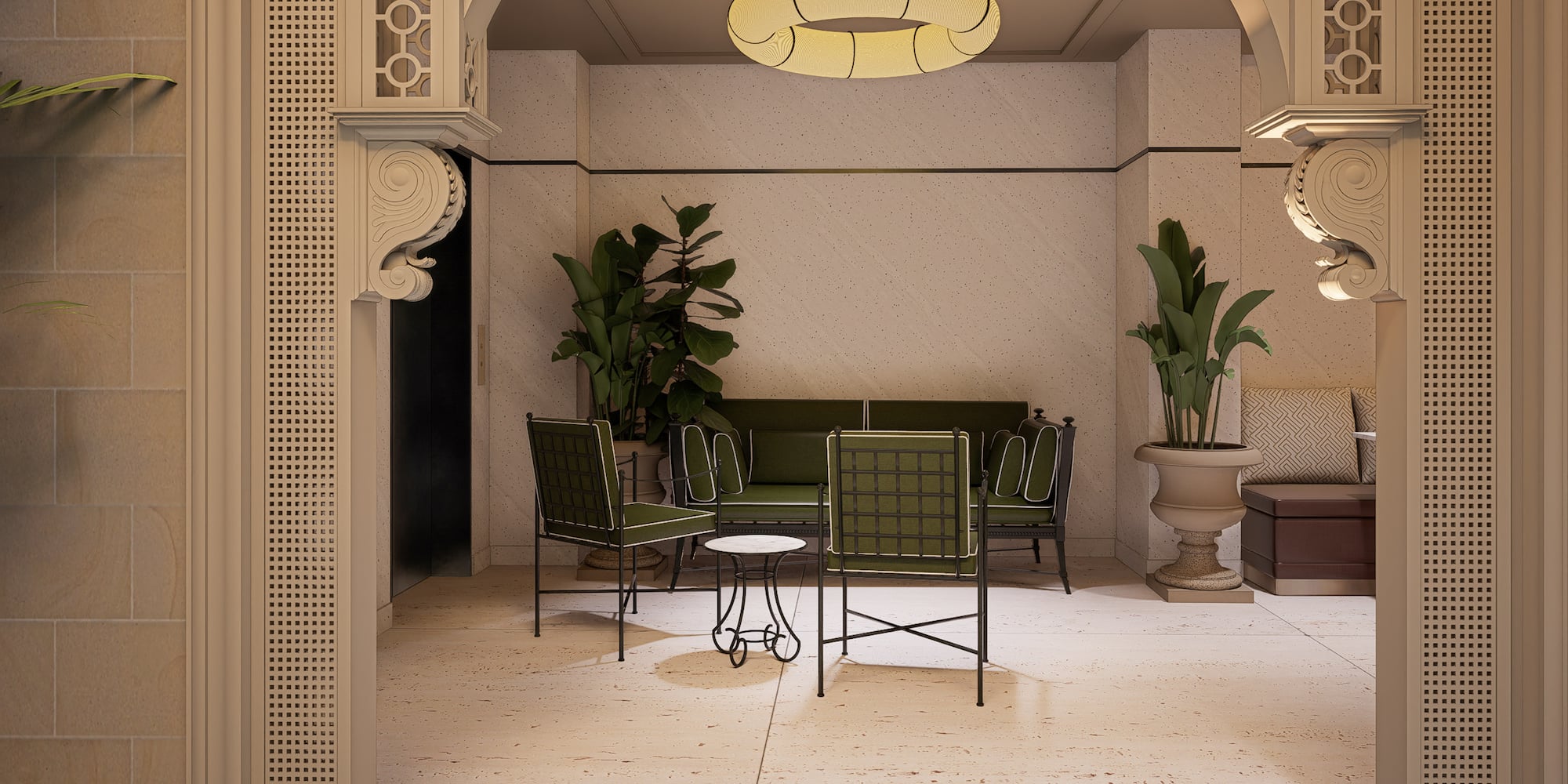 Sala de espera con sofá y sillas verdes, plantas y pilares decorados.