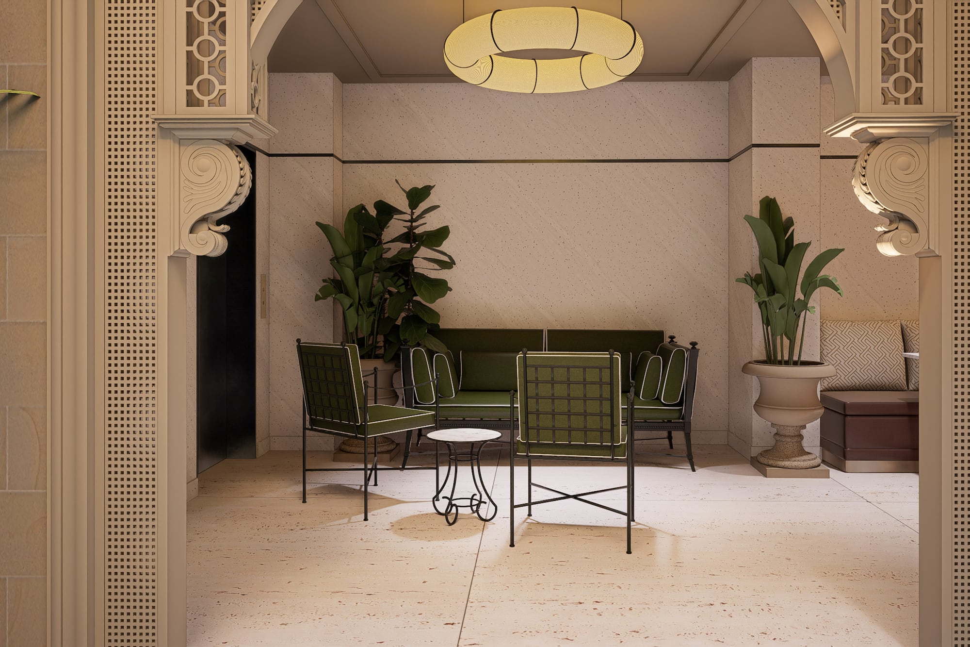Elegant lounge with green seating, potted plants, and ornate architectural details.