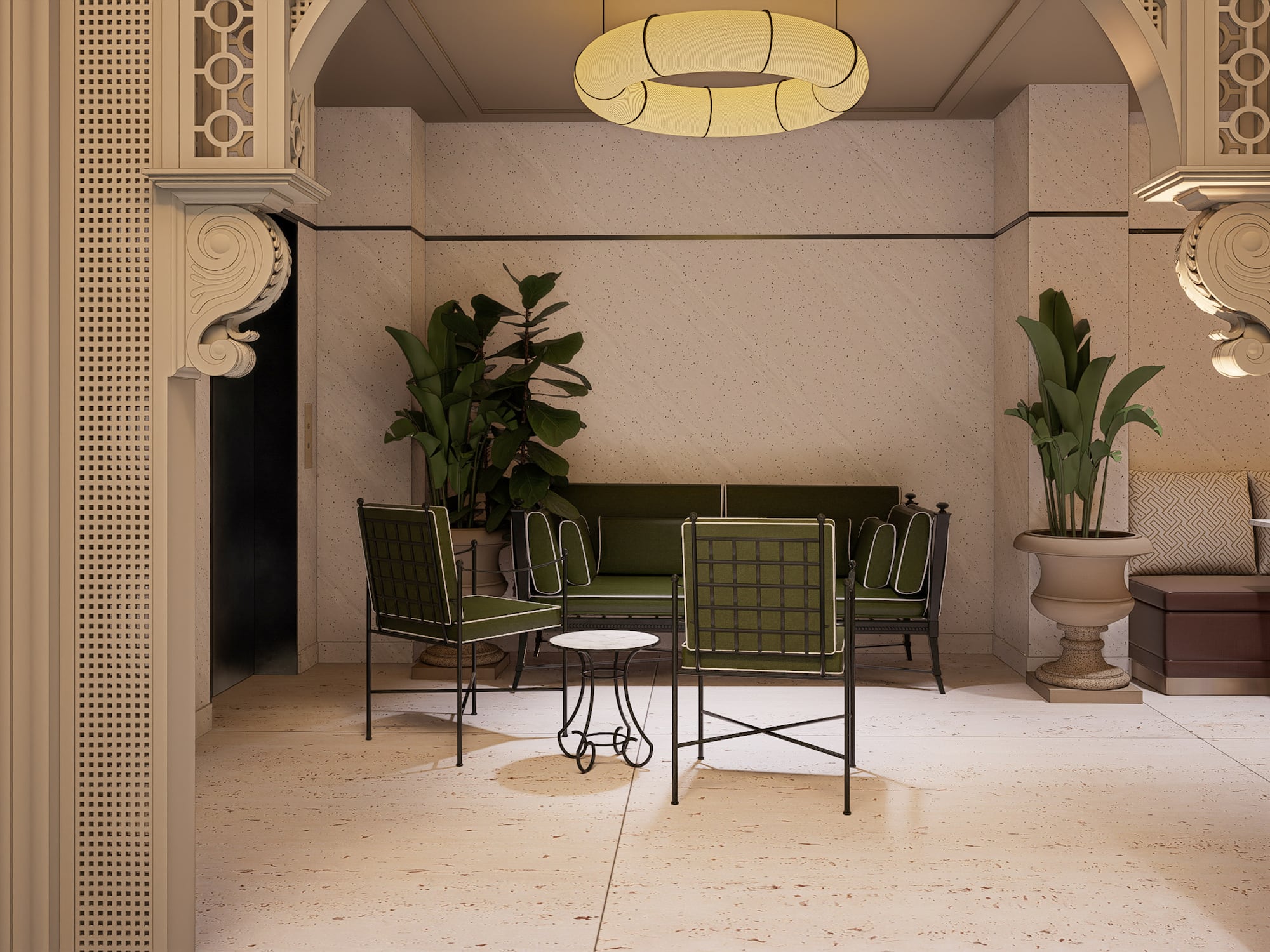 Modern lobby lounge with green sofa, chairs, plants, and decorative columns.