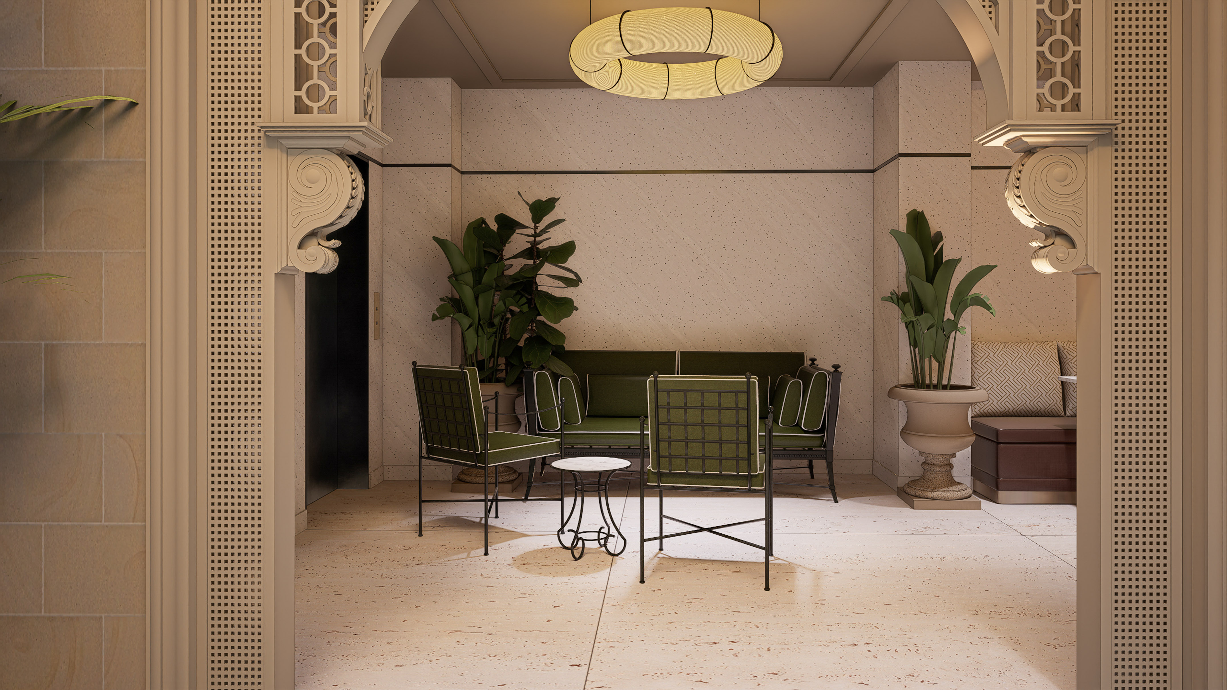 Salón elegante con sofá verde, sillones, plantas y diseño interior clásico.