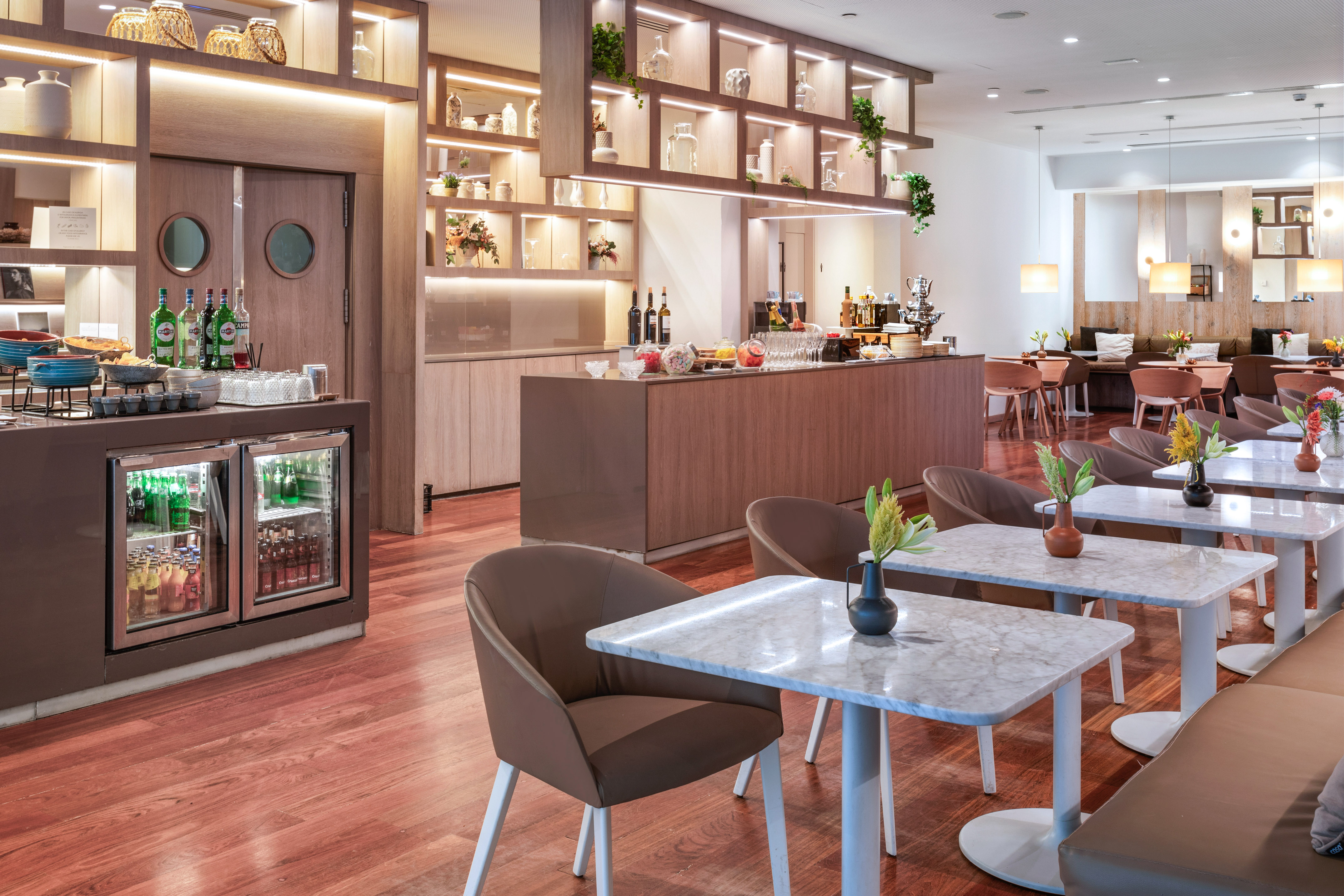 a room with tables and chairs