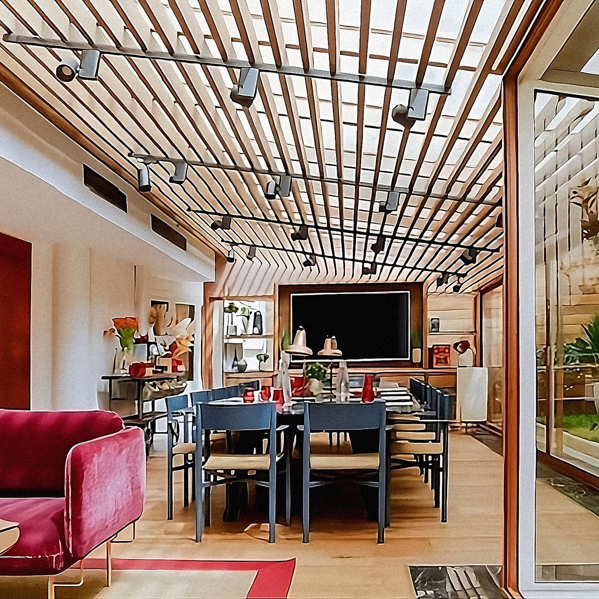 a room with a table and chairs