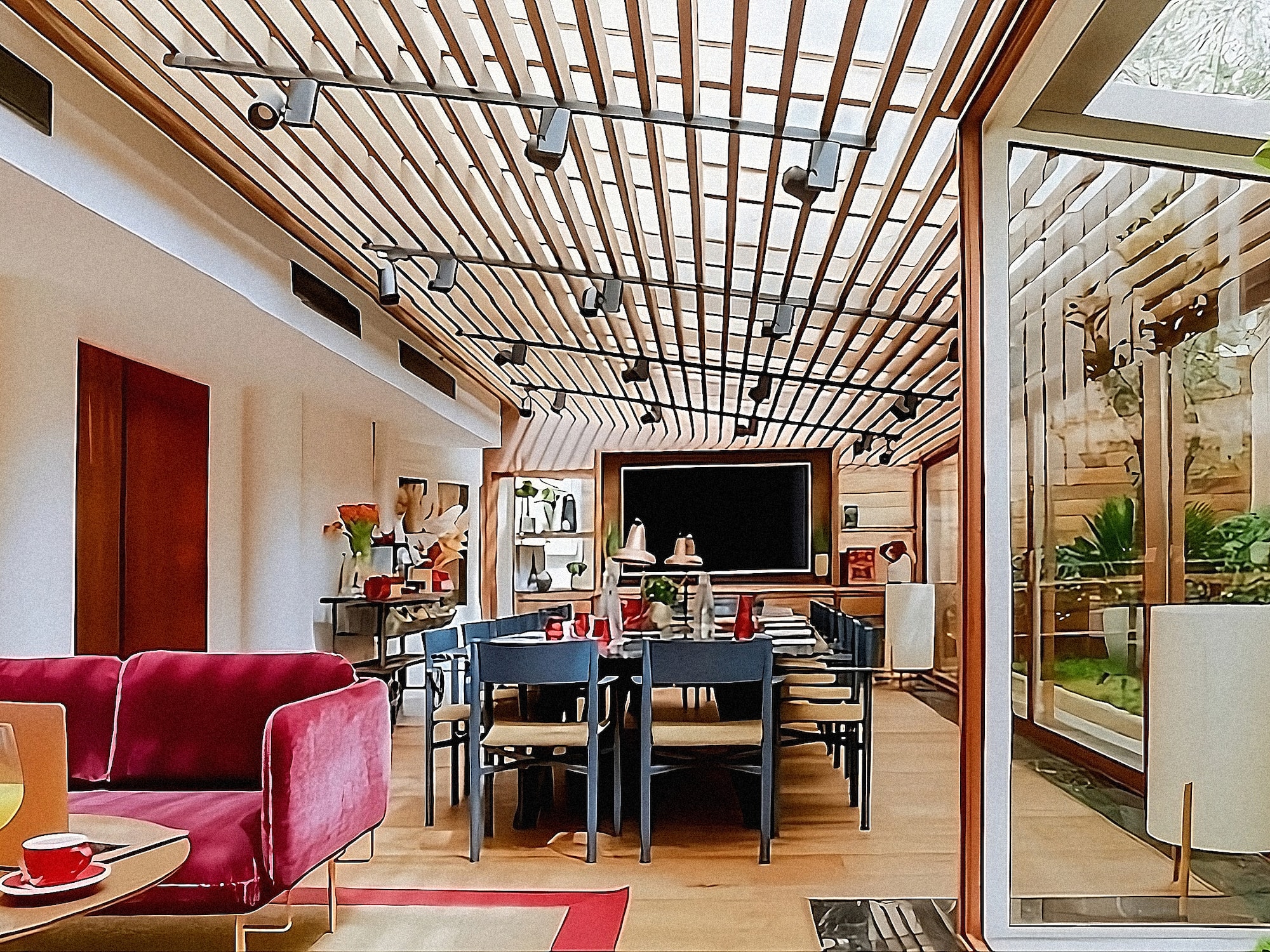 a room with a table and chairs