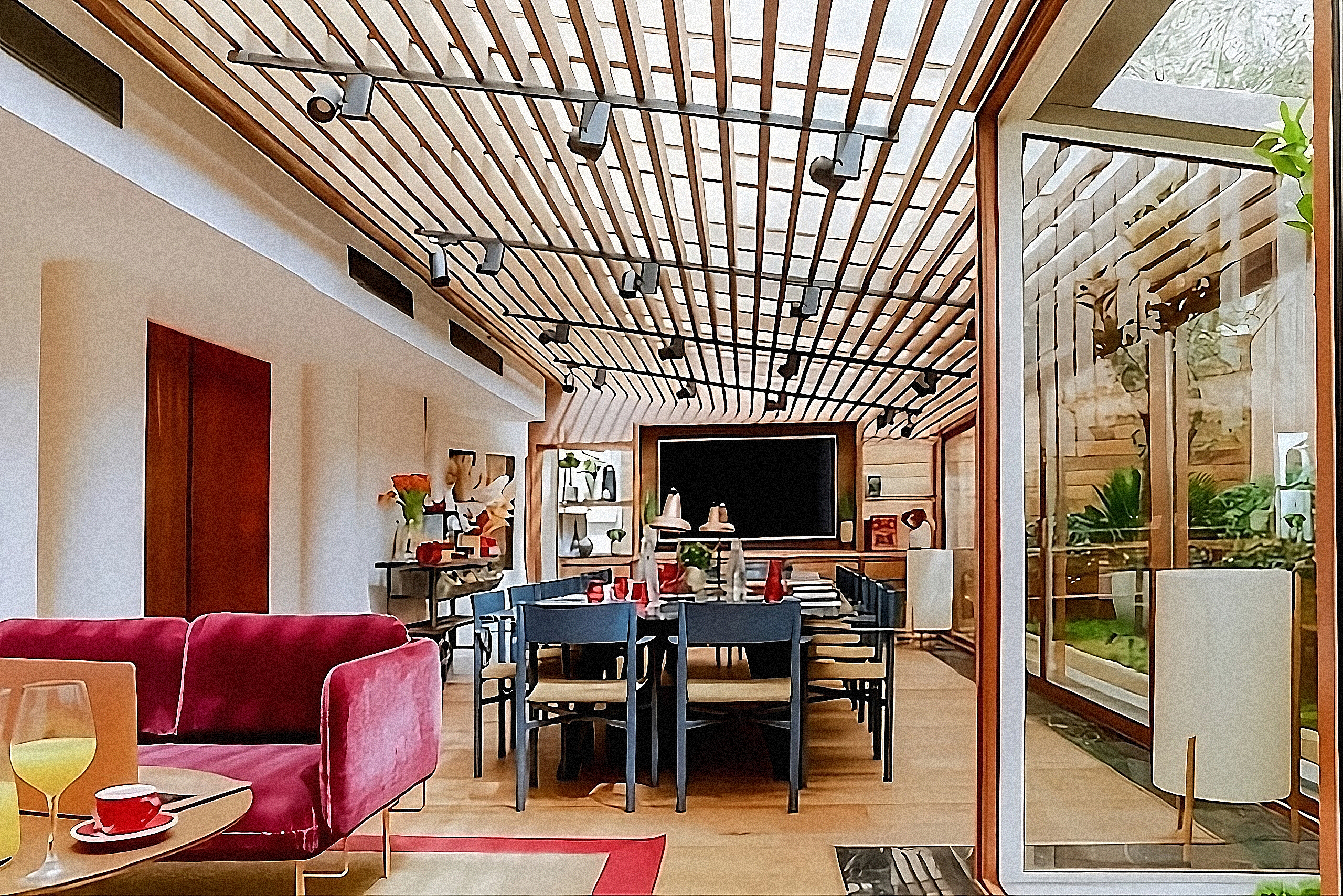 Stylish contemporary interior with red sofa, dining table, wood slat ceiling.