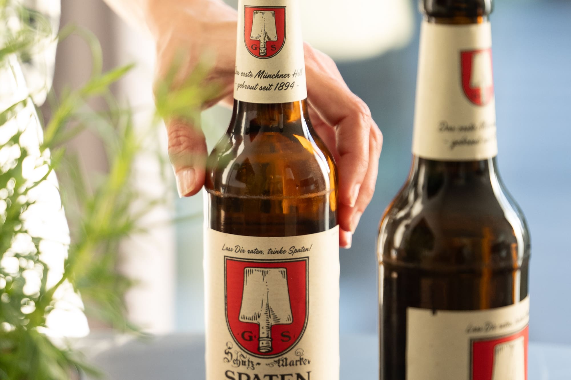 Botellas de cerveza Spaten Münchner Hell, una sostenida por una mano.