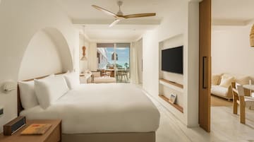 a room with a bed and a television