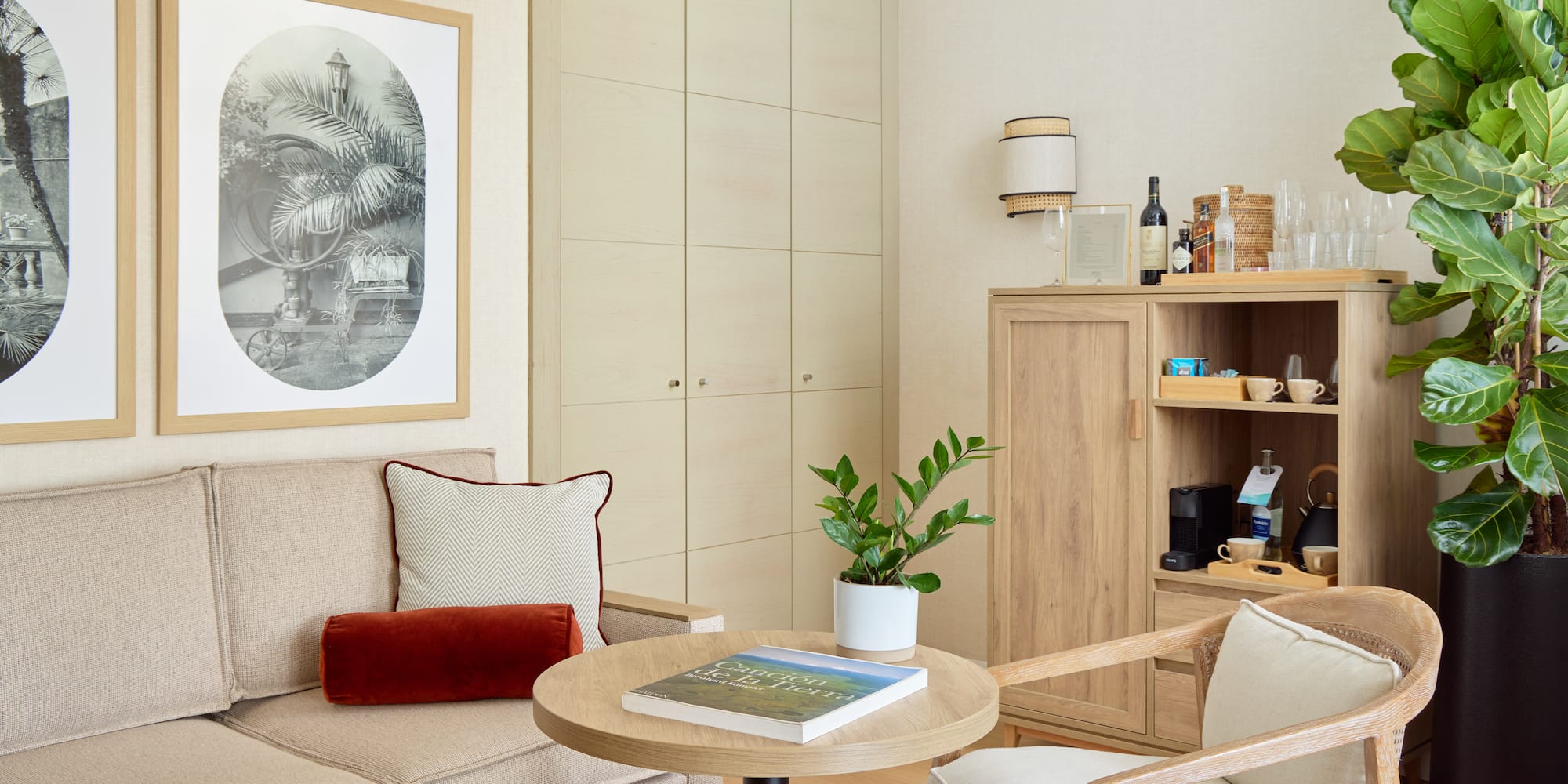 a living room with a couch and a table