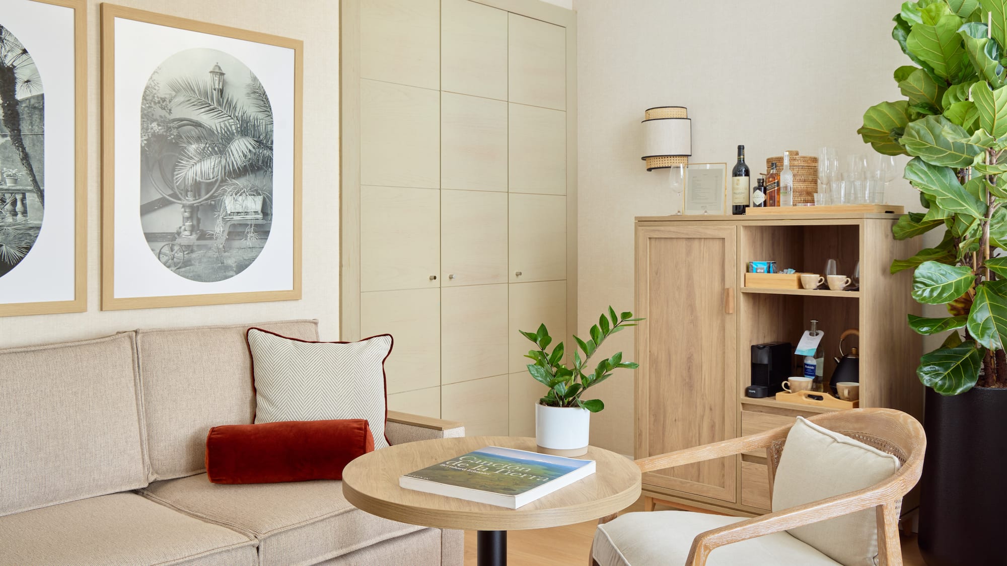 a living room with a couch and a table