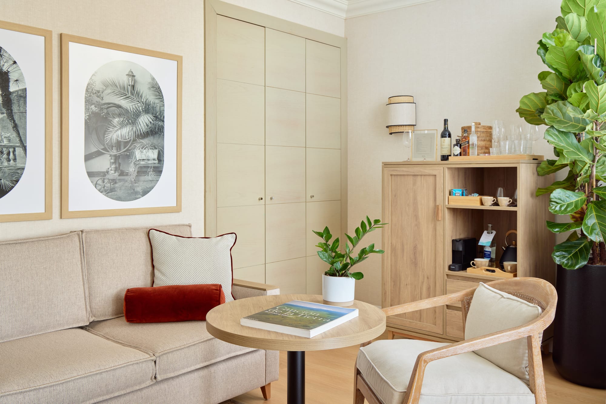 a living room with a couch and a table