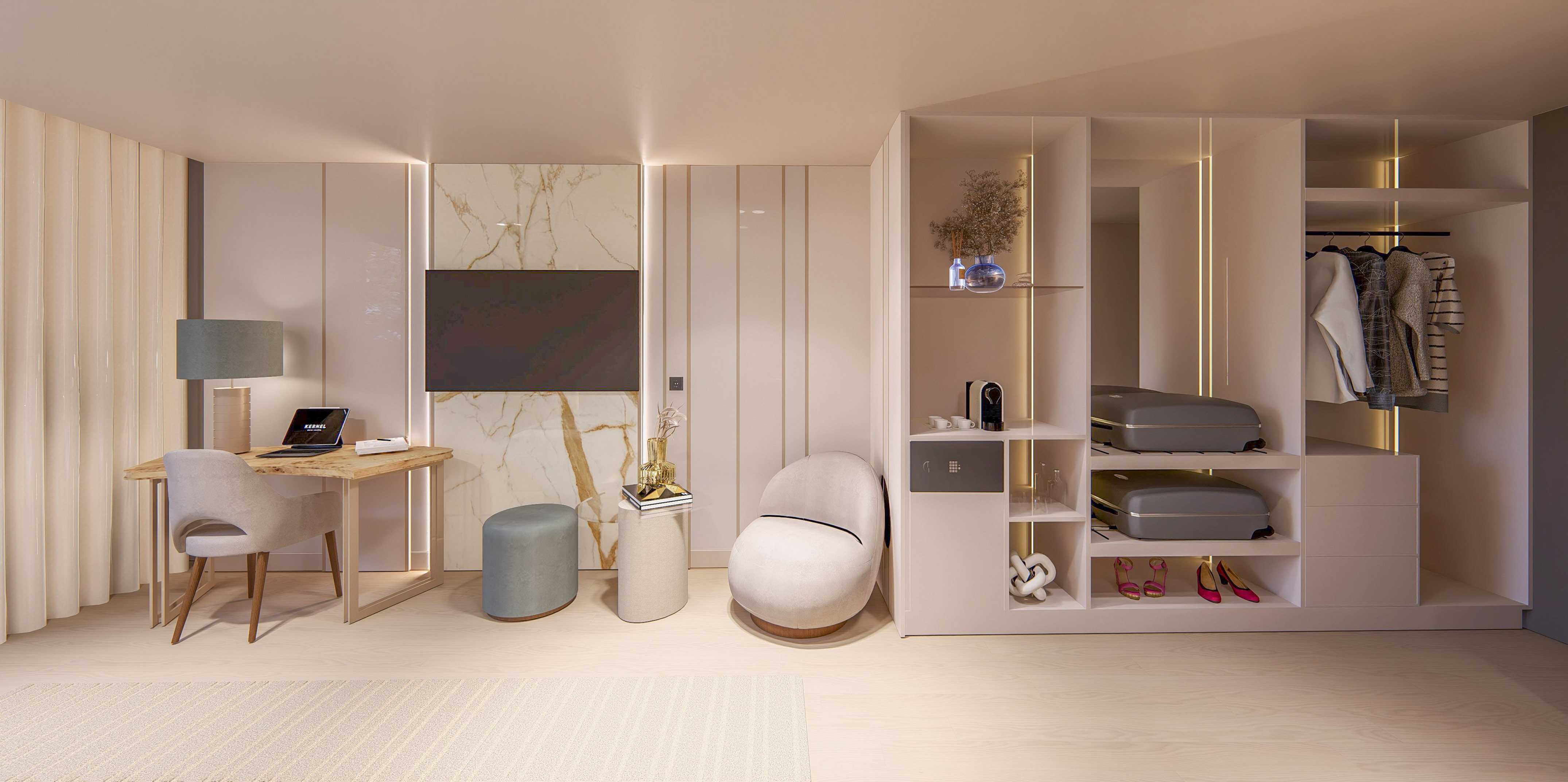 Minimalist hotel suite with workspace, marble wall, modern storage, and neutral decor.