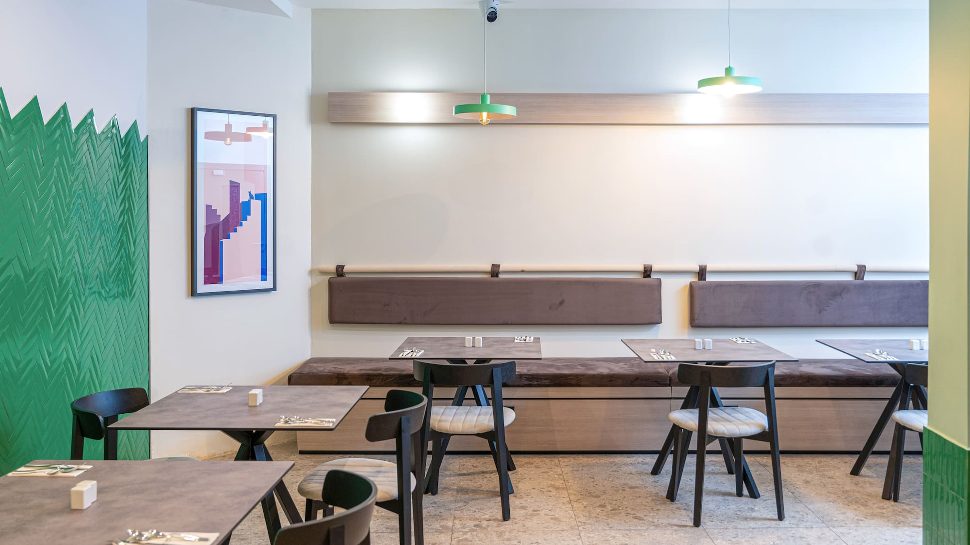 a room with tables and chairs