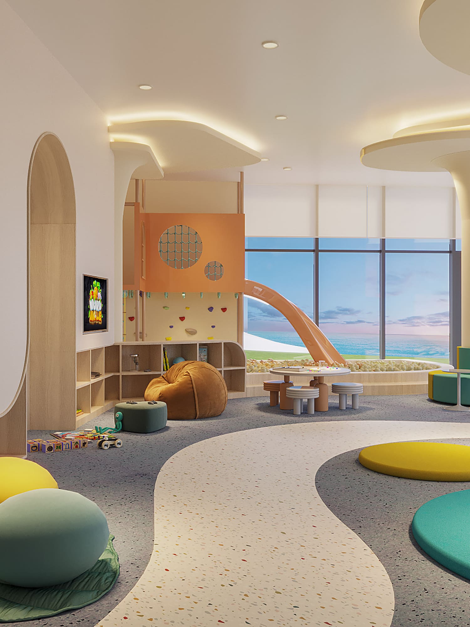 a room with a slide and a playroom