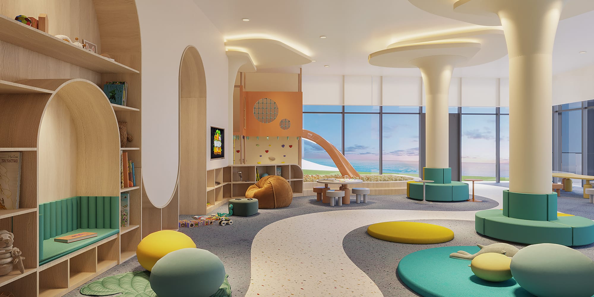 a room with a slide and a playroom