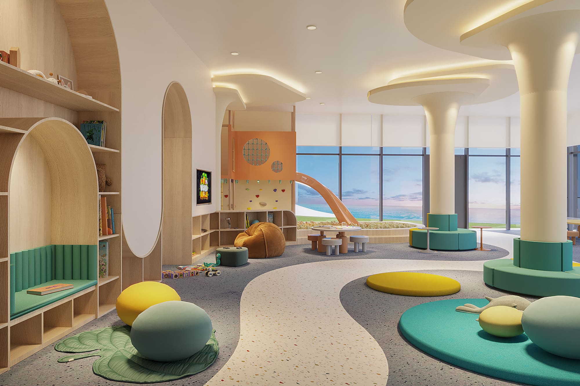 a room with a slide and a playroom