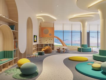 a room with a slide and a playroom