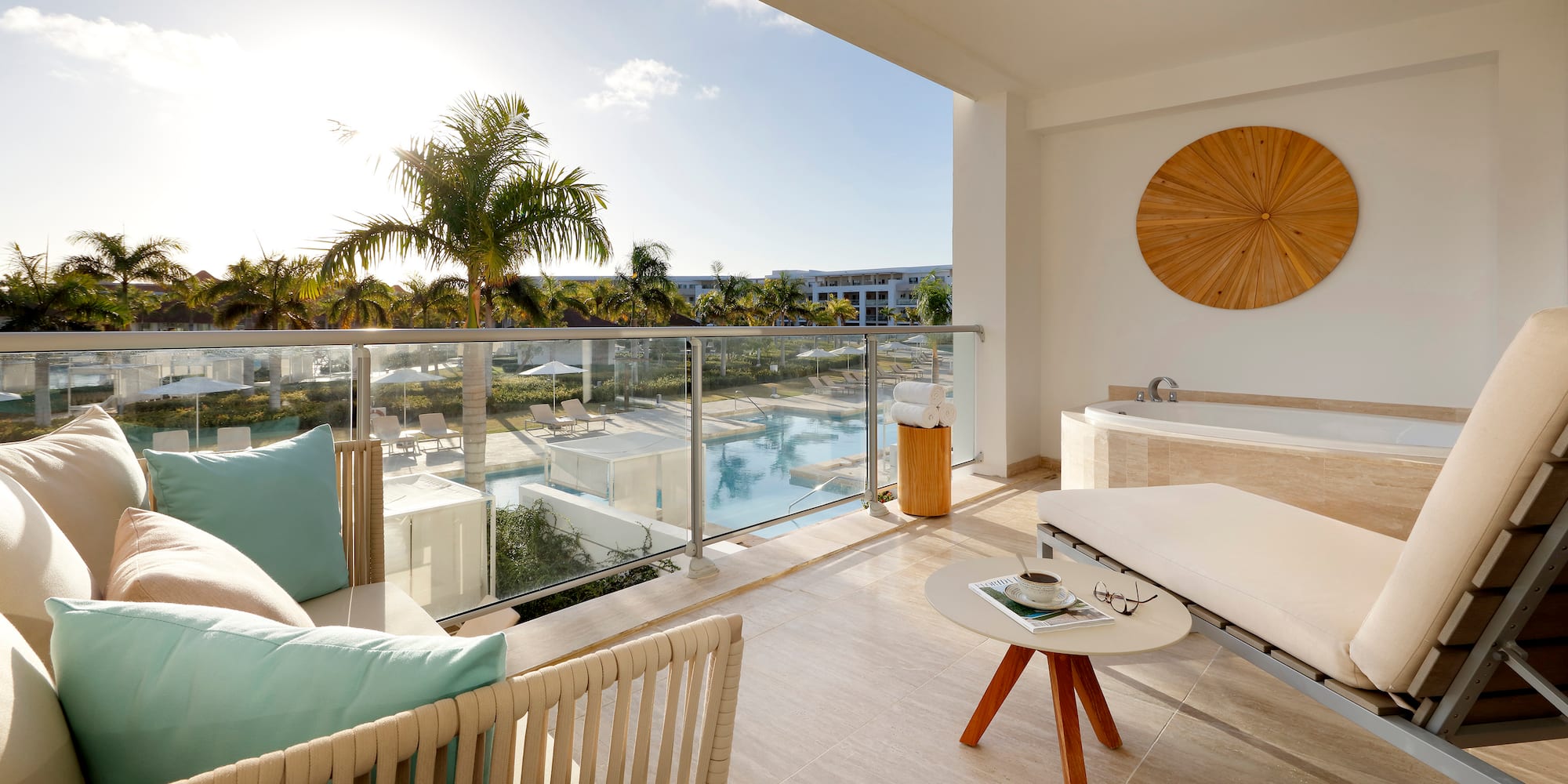 a balcony with a hot tub and a jacuzzi