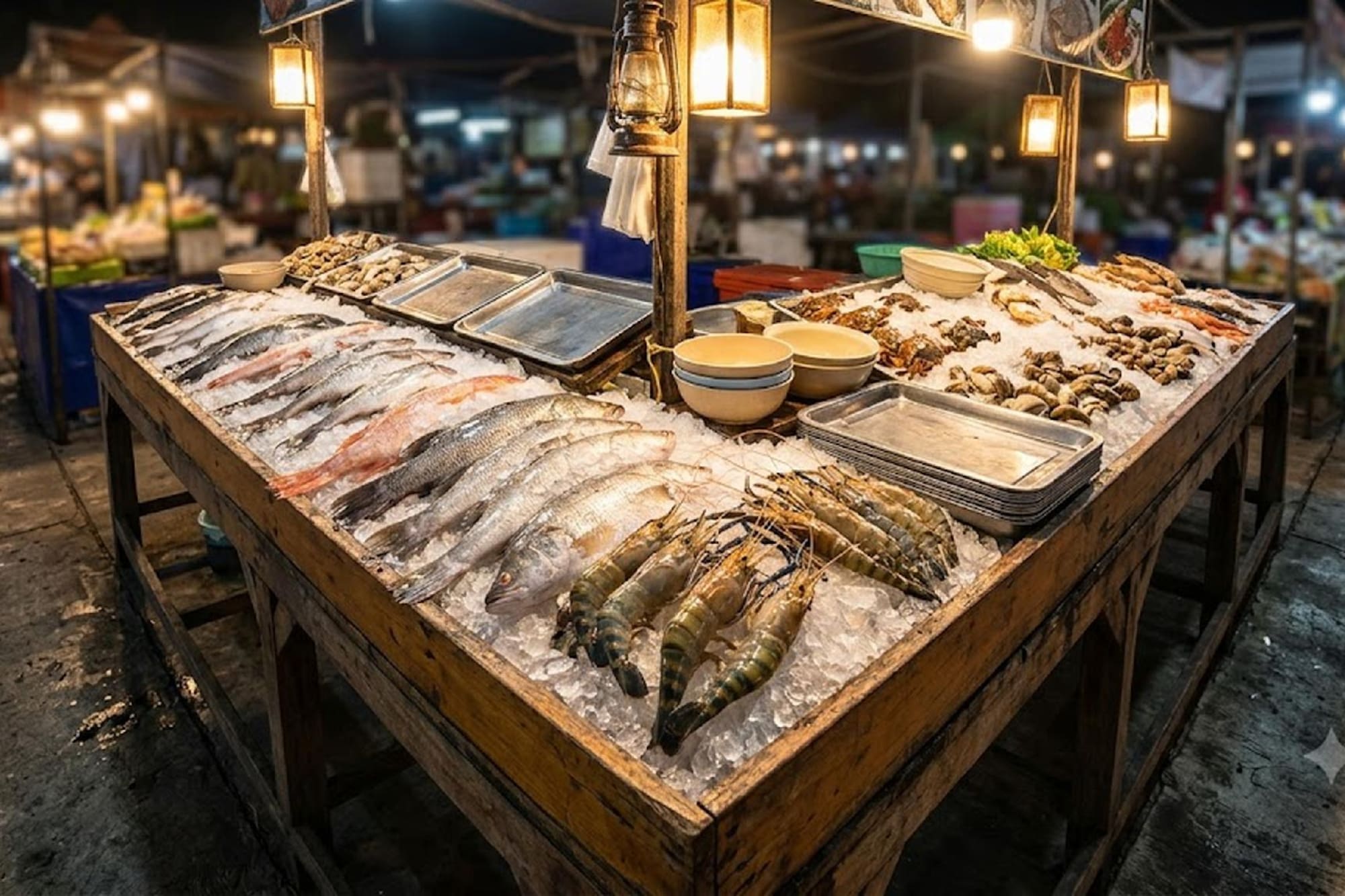 Fresh fish, shrimp, and shellfish on ice at a night market stall.