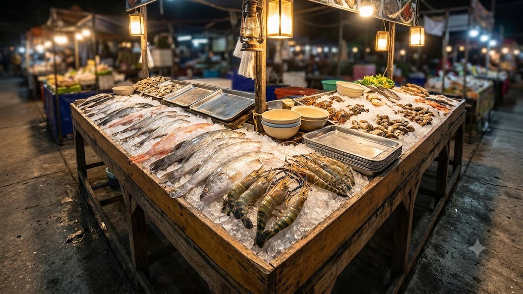 Fresh fish, shrimp, and shellfish on ice at a night market stall.