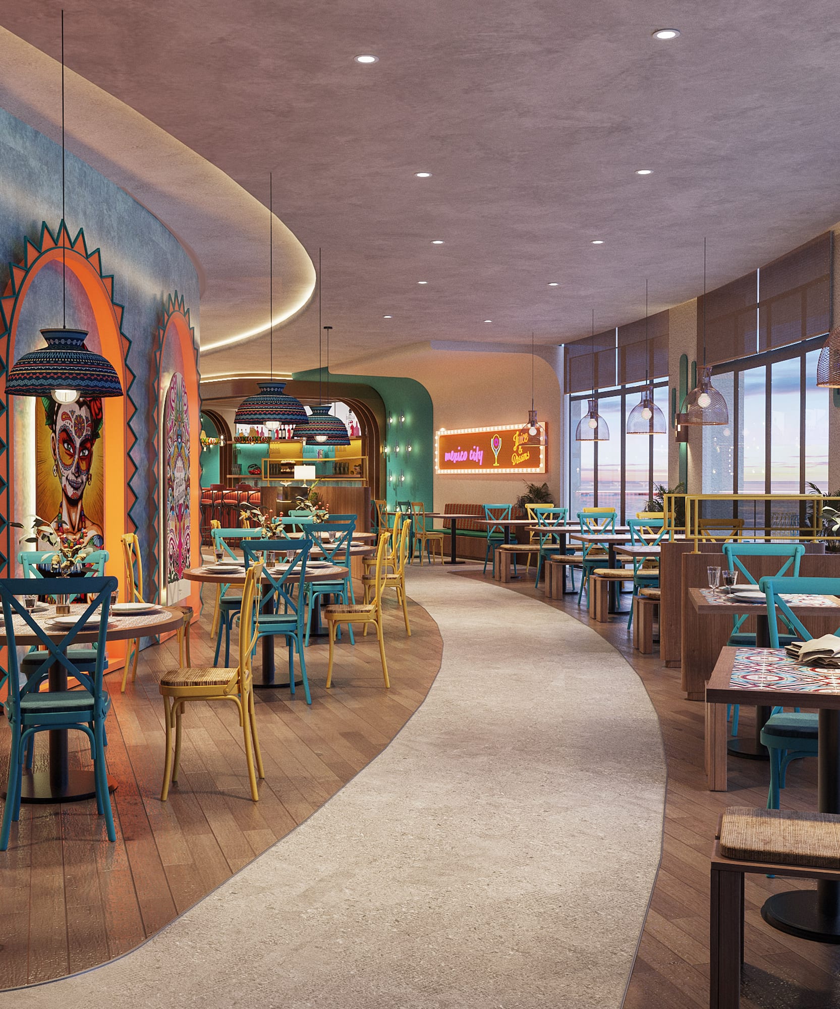 a restaurant with tables and chairs