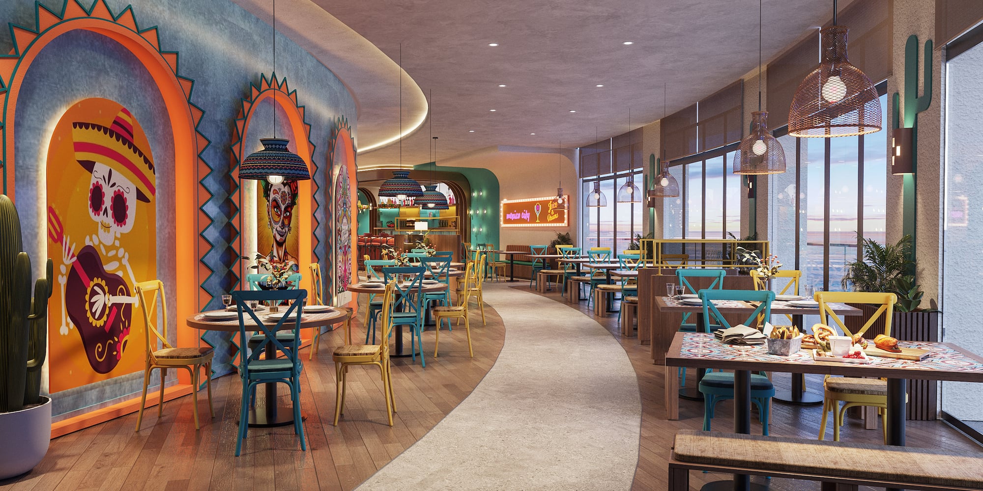 a large room with tables and chairs