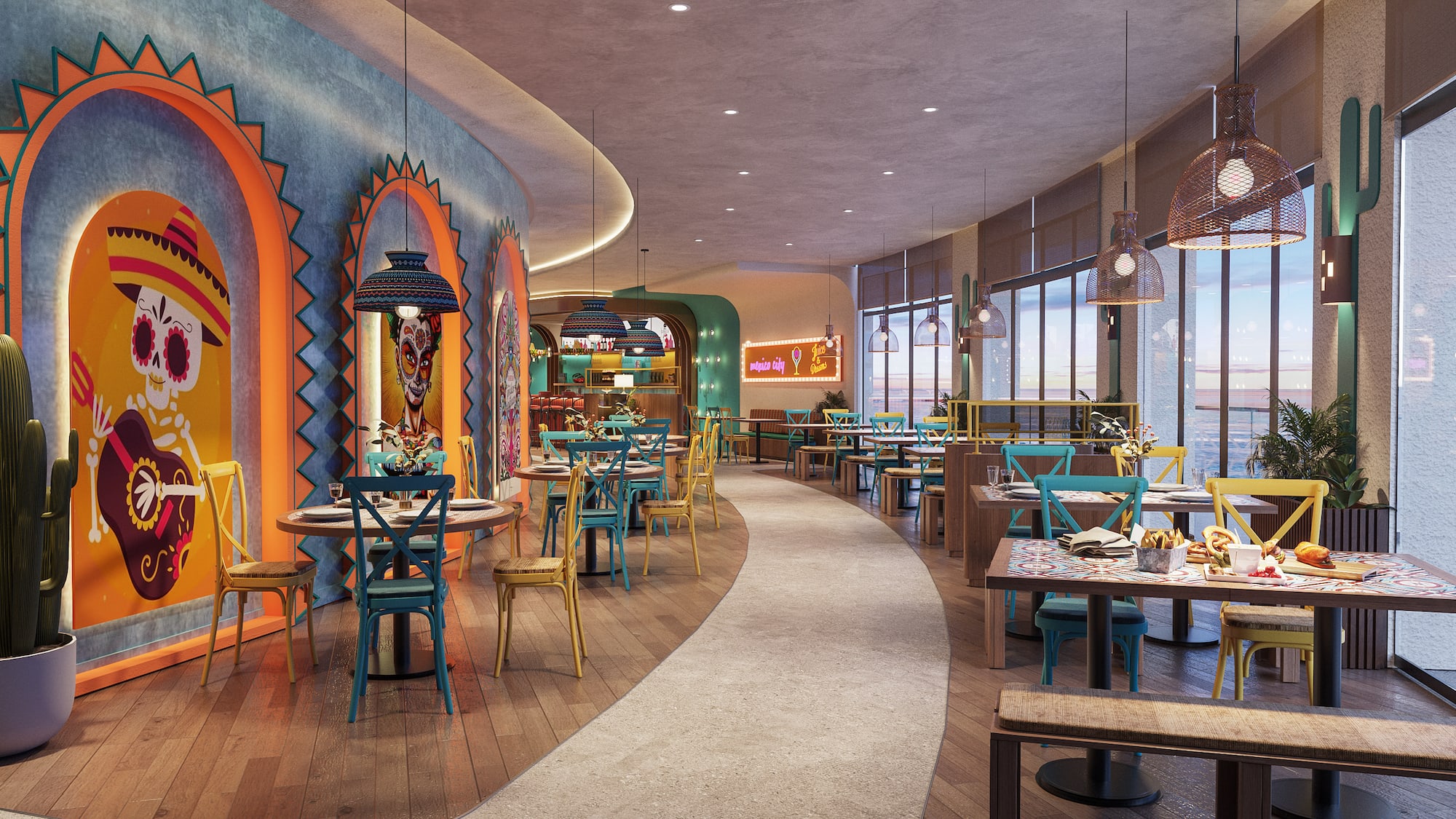 a restaurant with tables and chairs