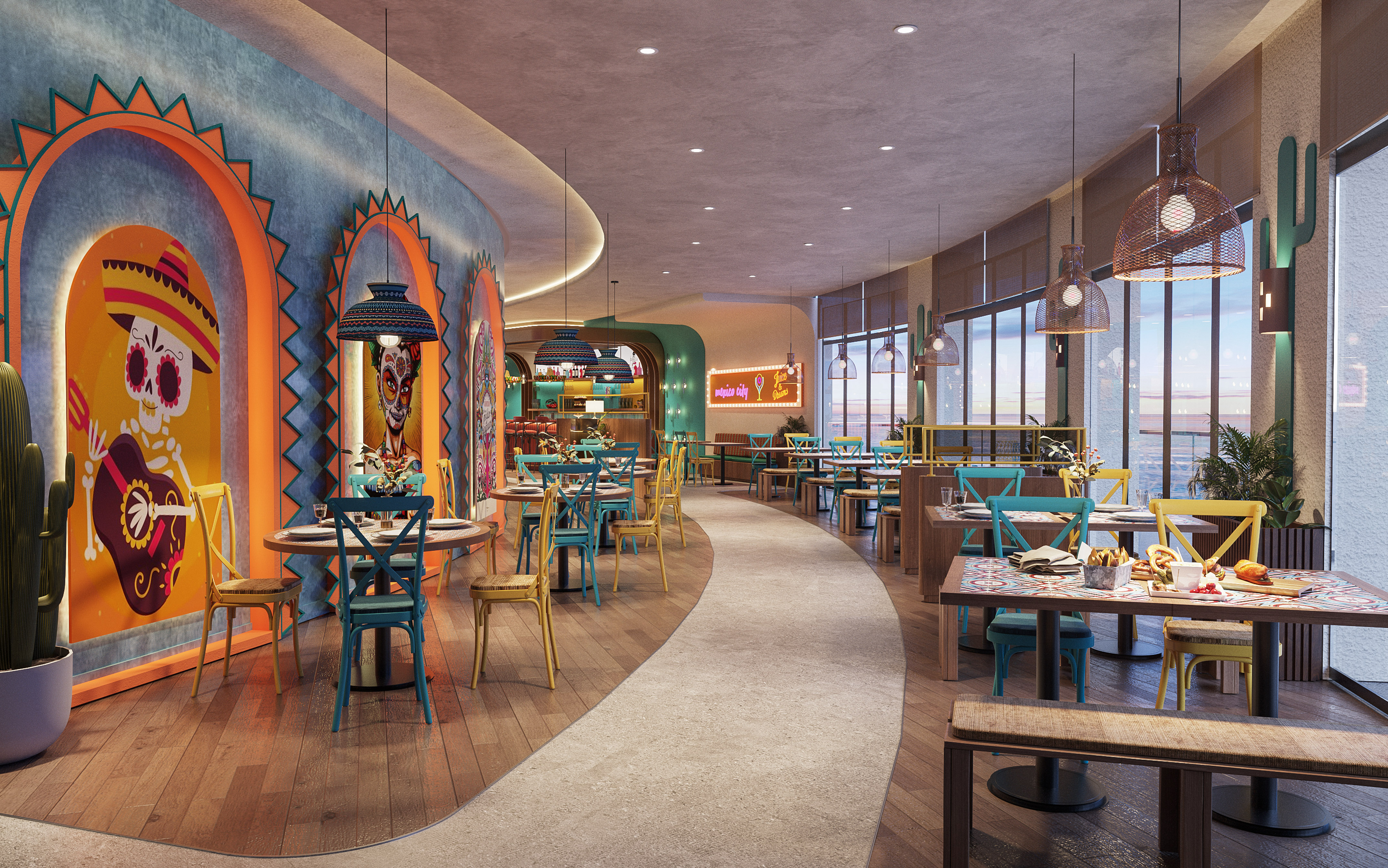 Vibrant Mexican restaurant interior with sugar skull murals and colorful dining tables.