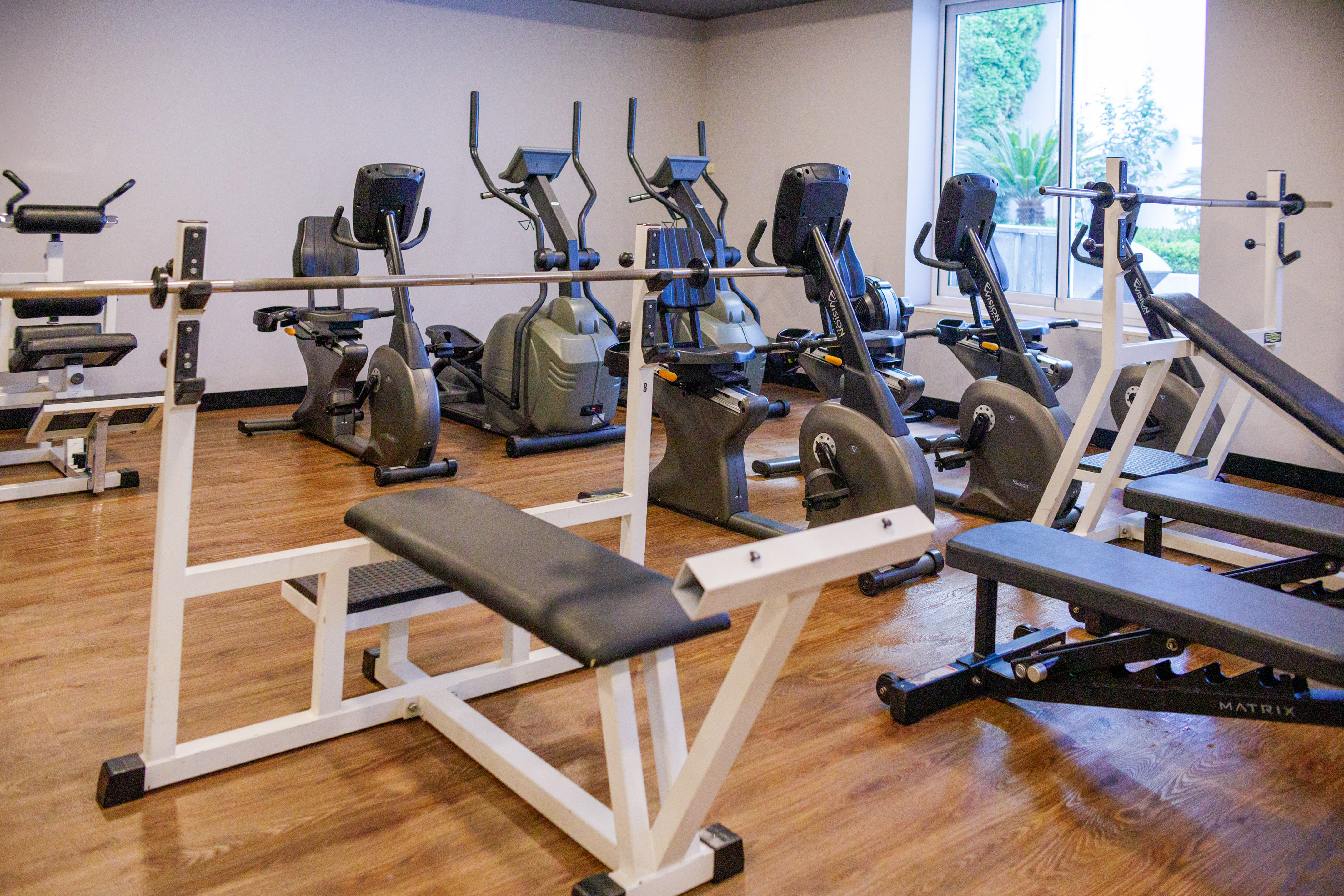 Fitness center with ellipticals, exercise bikes, and weight benches.