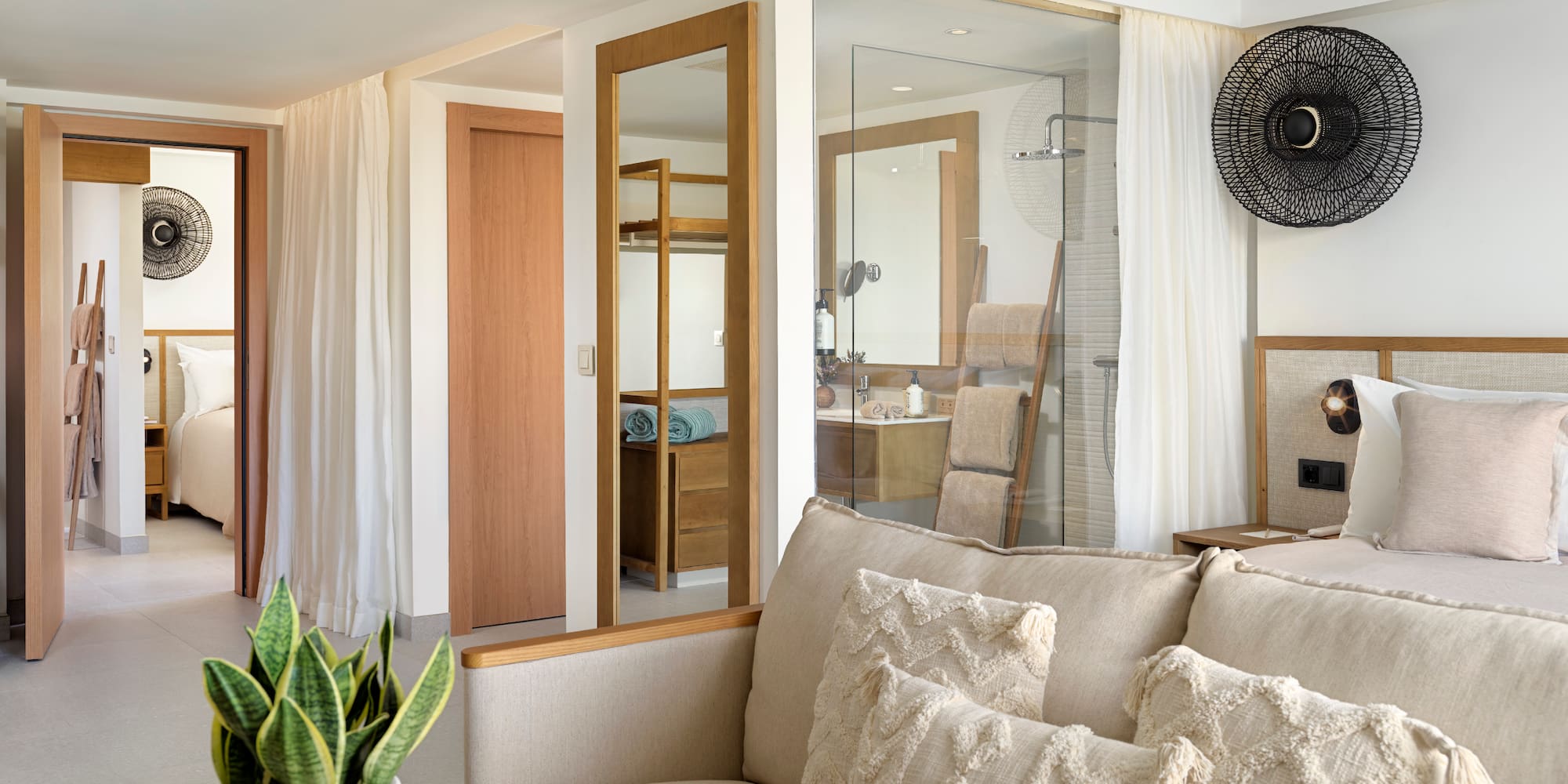 a room with a couch and a plant