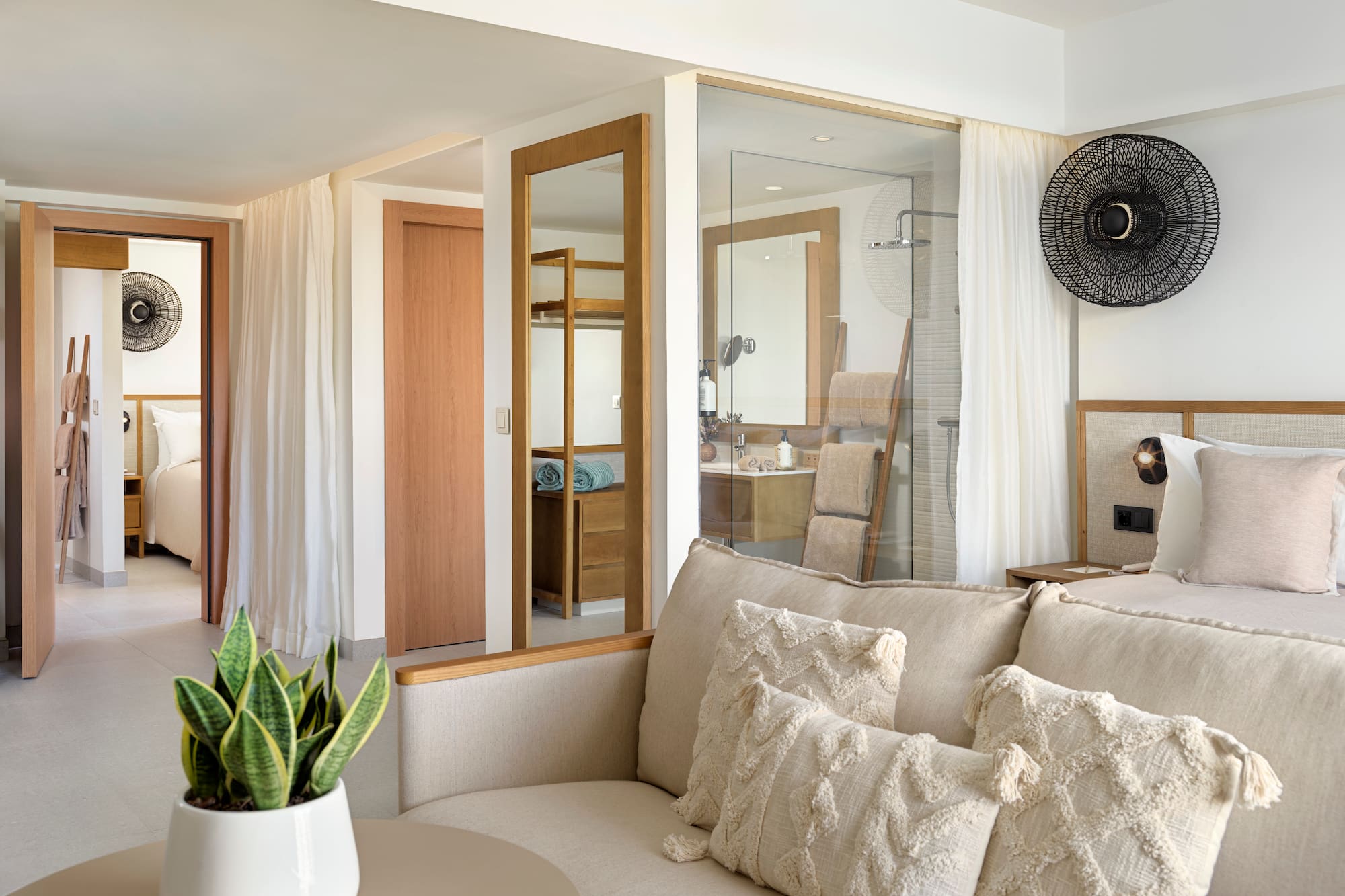 a room with a couch and a plant