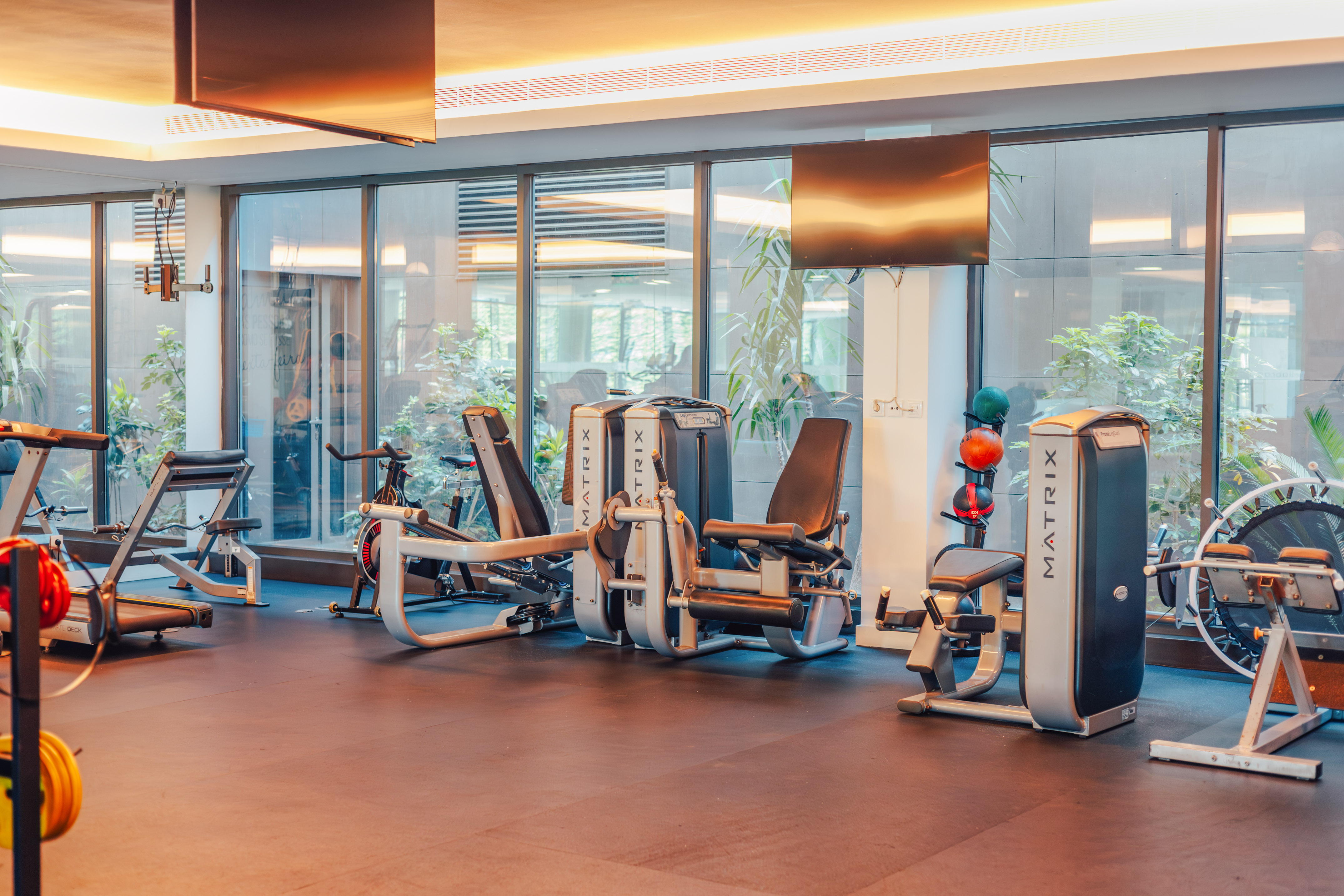 Modern gym with Matrix equipment, treadmills, and weight machines next to large windows.