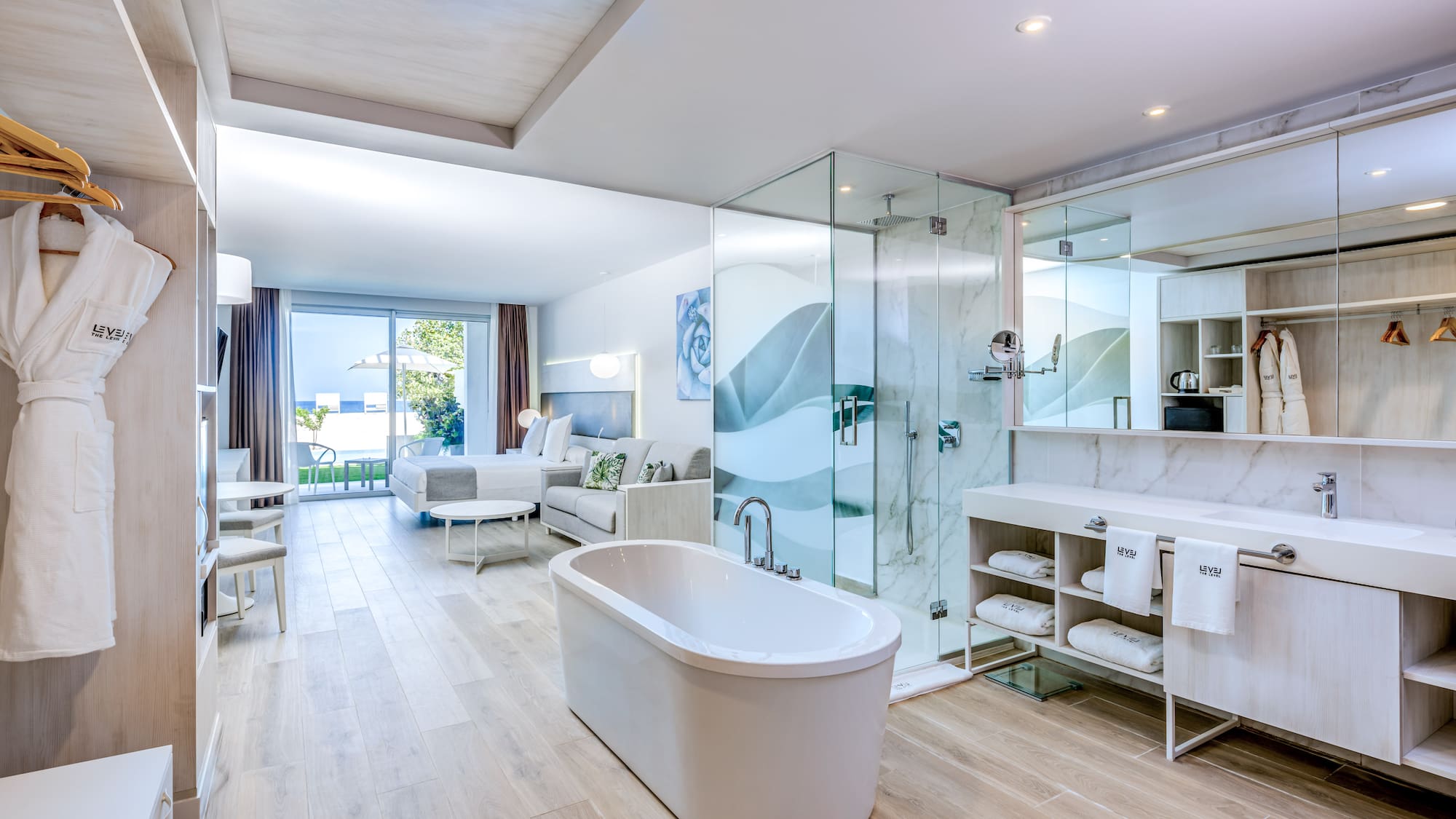 a bathroom with a tub and a shower