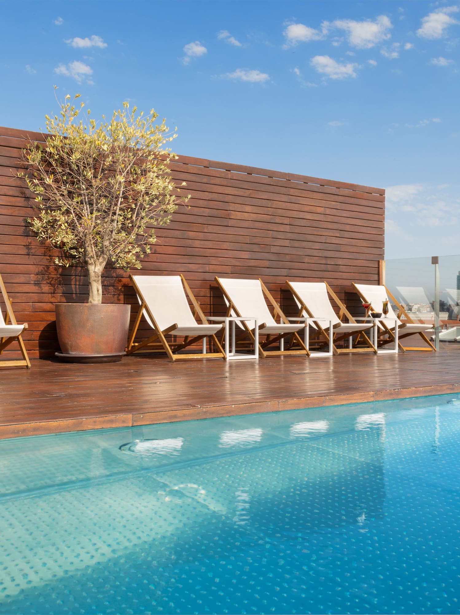 a pool with chairs and a tree on the side