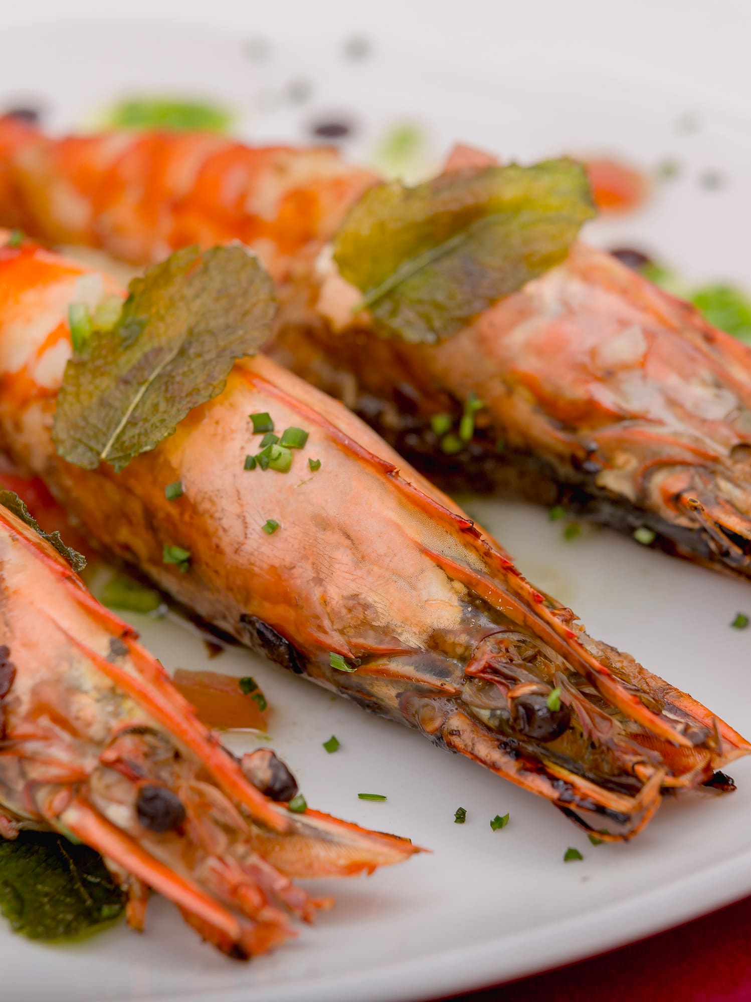 Grilled giant prawns with mint and chives, gourmet seafood dish.