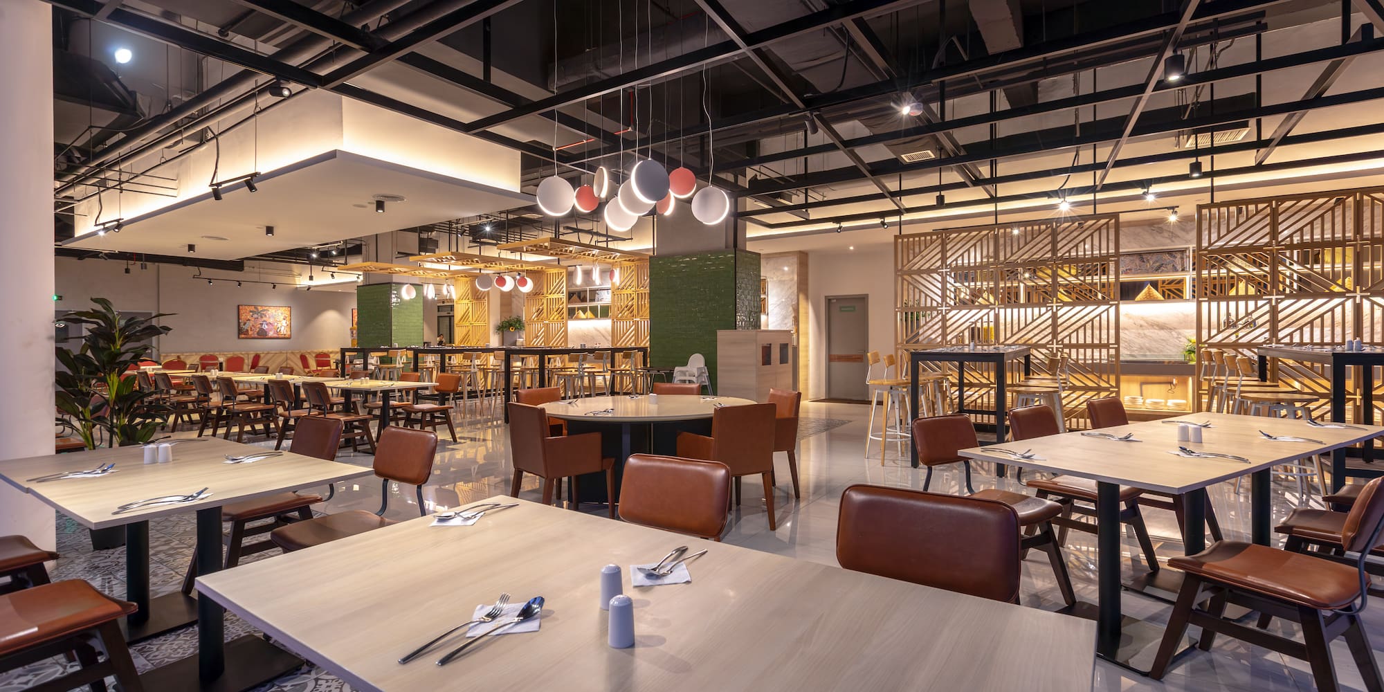 a restaurant with tables and chairs