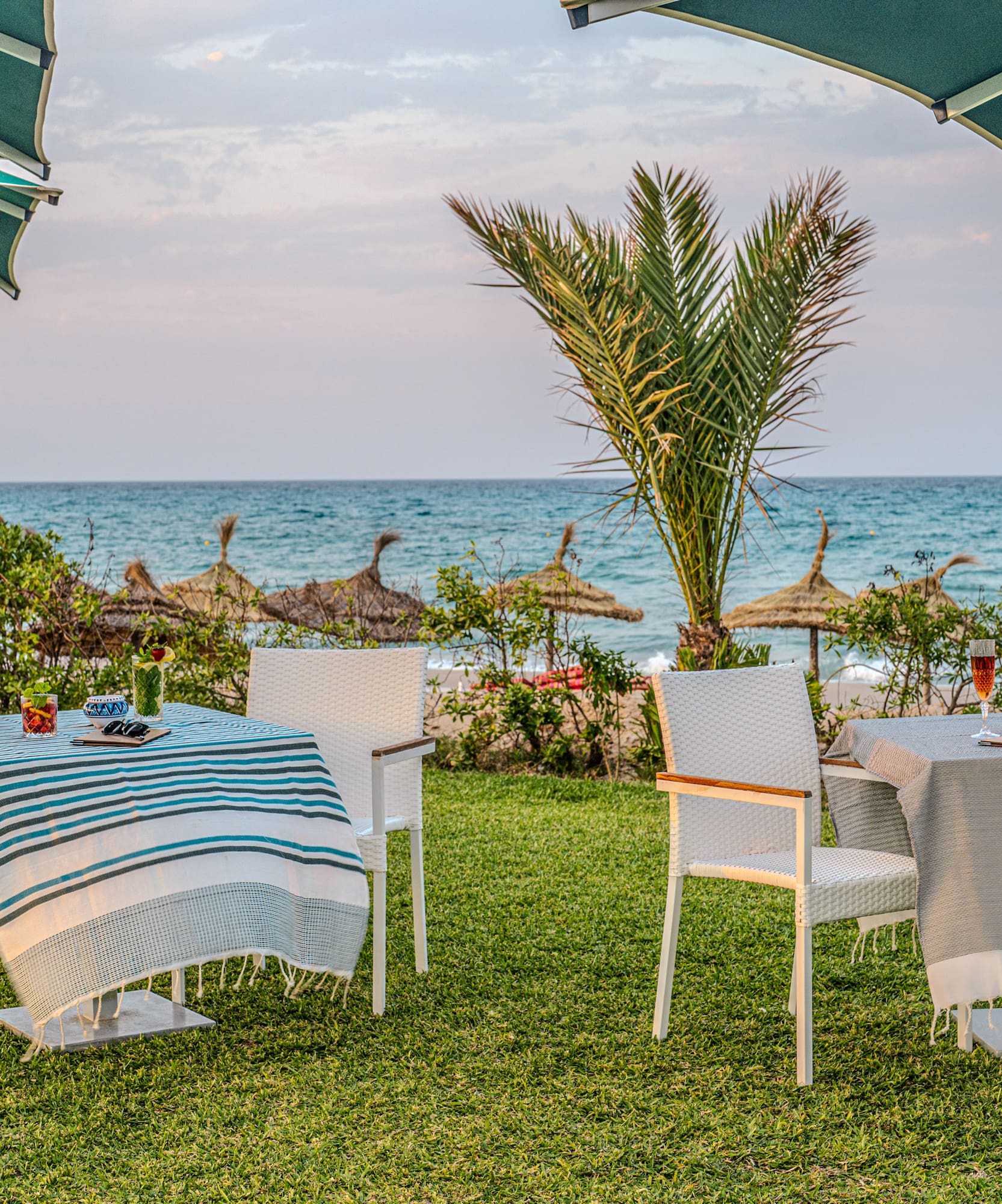 Terraza de restaurante en la playa con mesas, sillas, palmera y mar al atardecer.