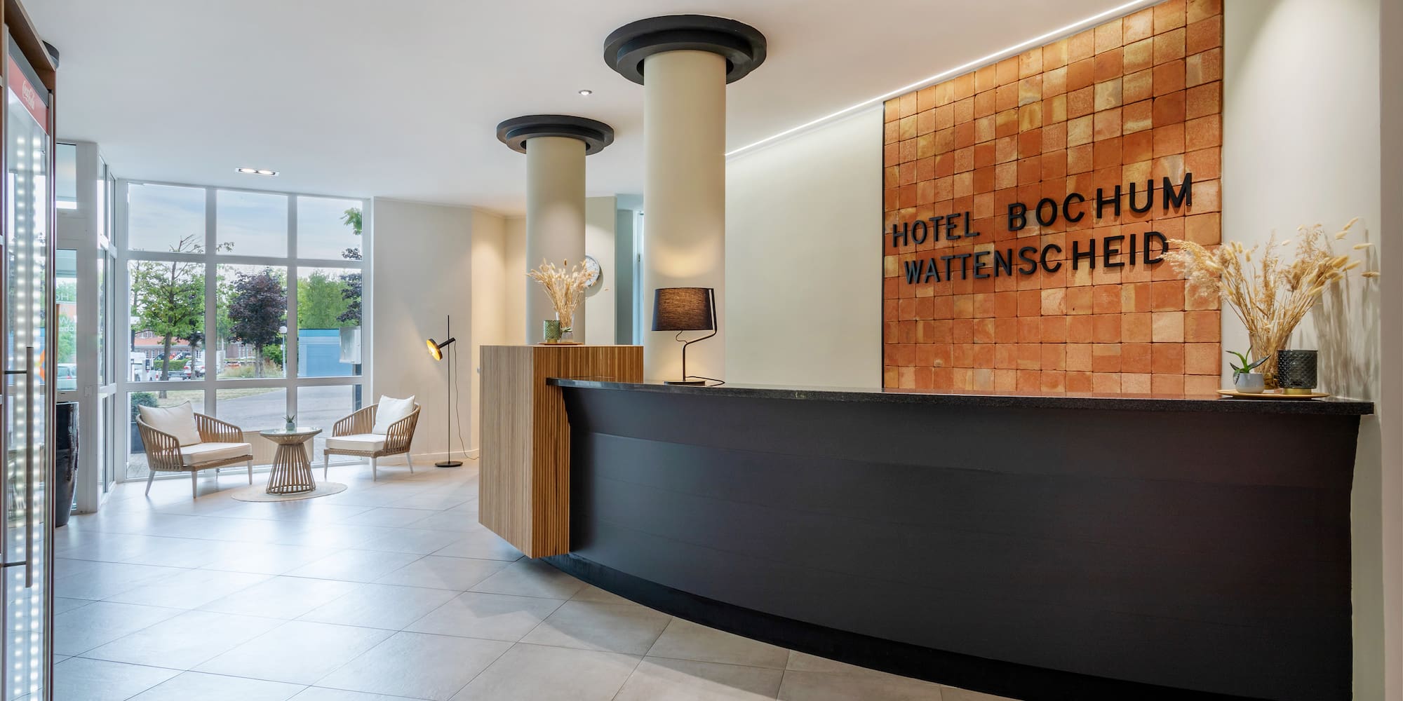 a reception desk in a hotel