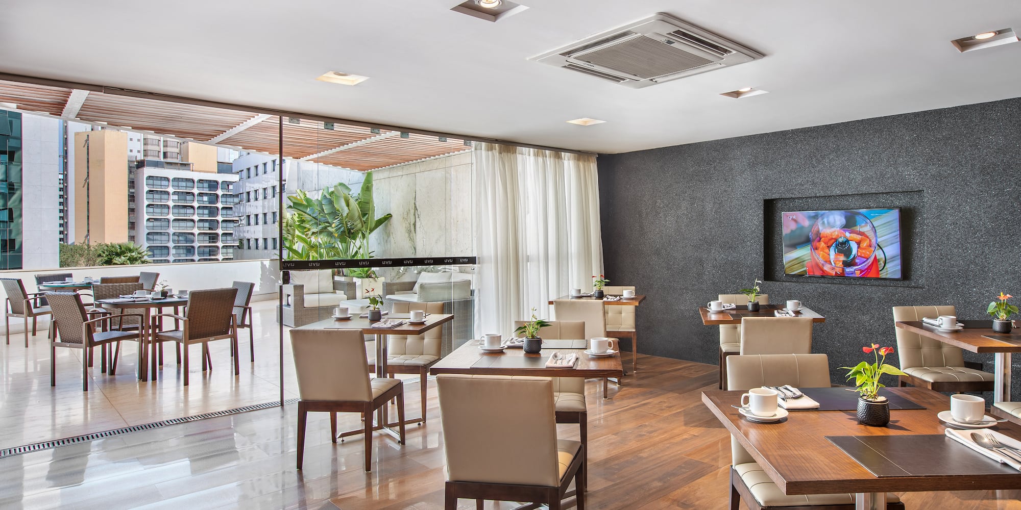 a room with tables and chairs