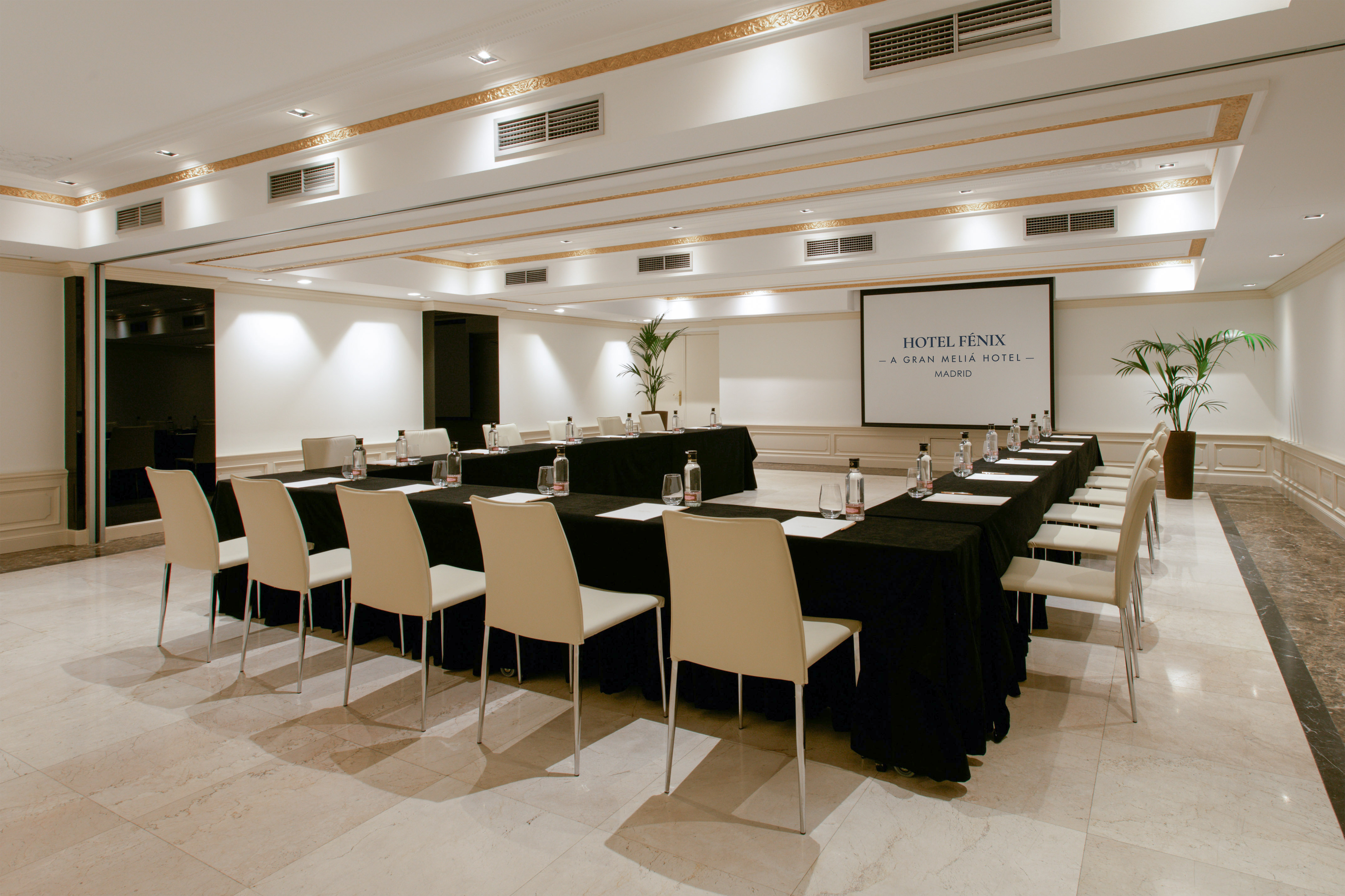 Hotel Fénix Madrid conference room setup with screen, tables, chairs.