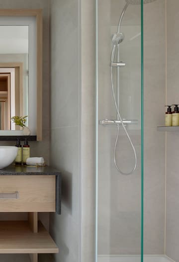 a shower with a glass door