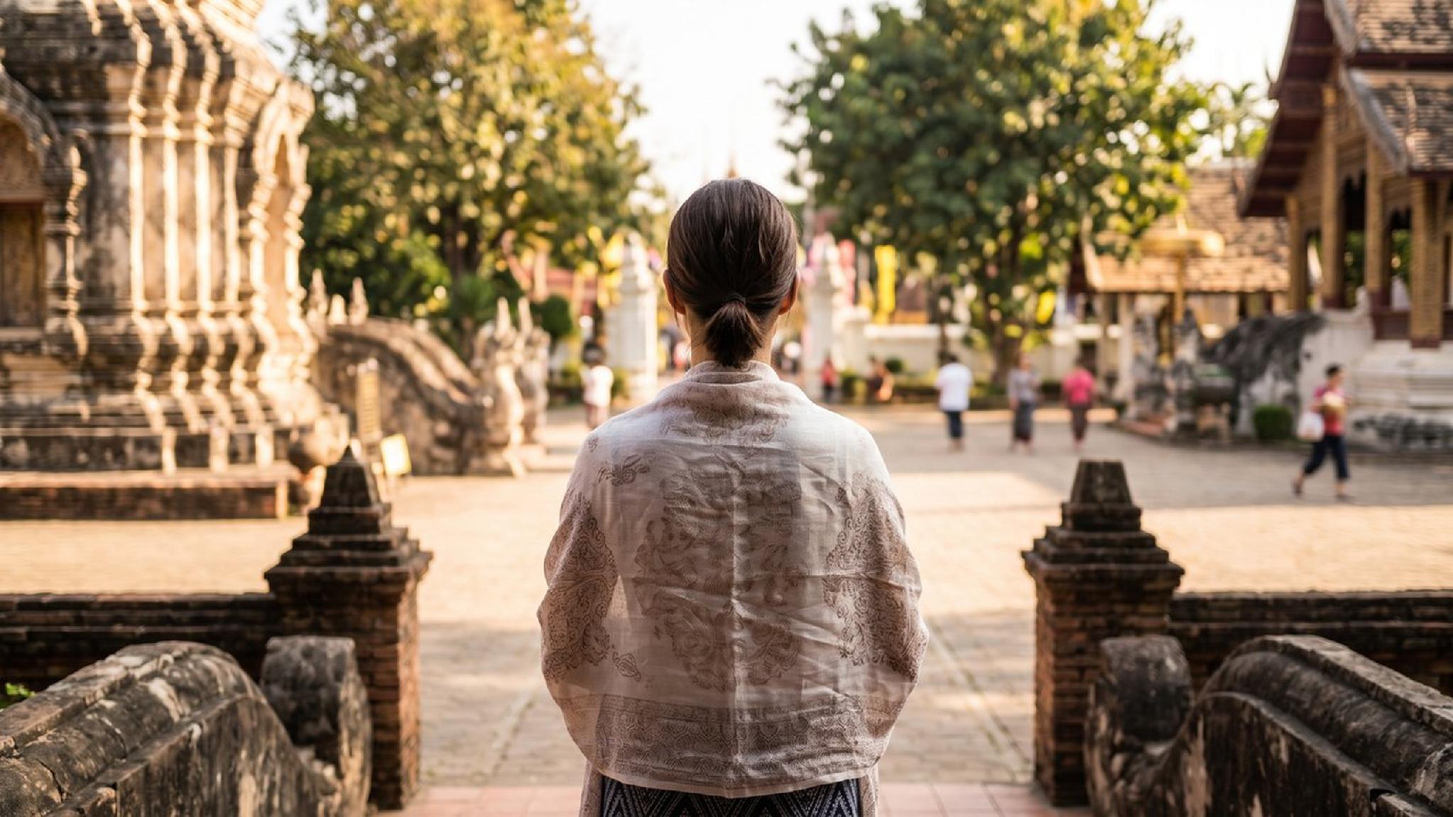 Woman in shawl observing ornate Thai temple architecture.