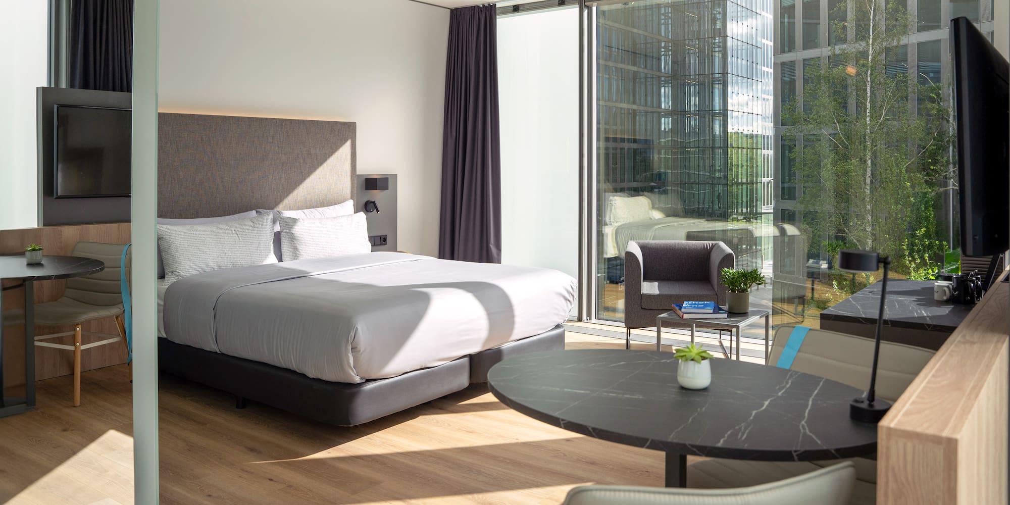 a room with a bed and a table