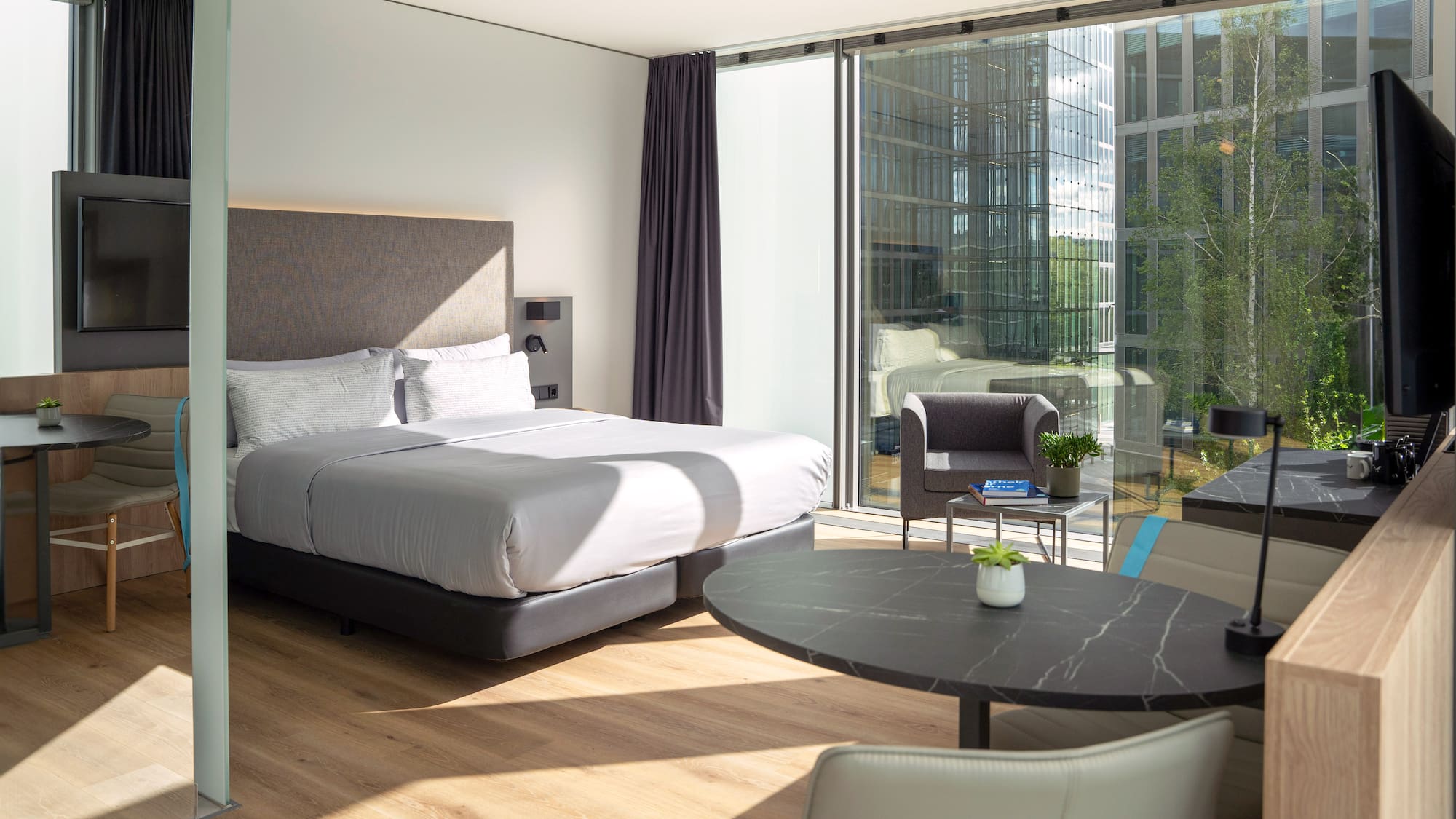 a room with a bed and a table