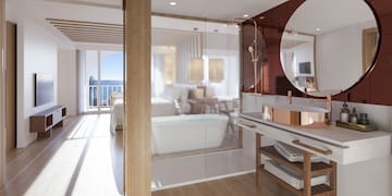 a bathroom with a large mirror and a tub