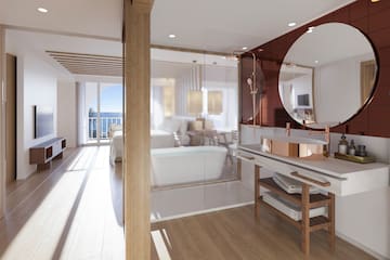 a bathroom with a large mirror and a tub