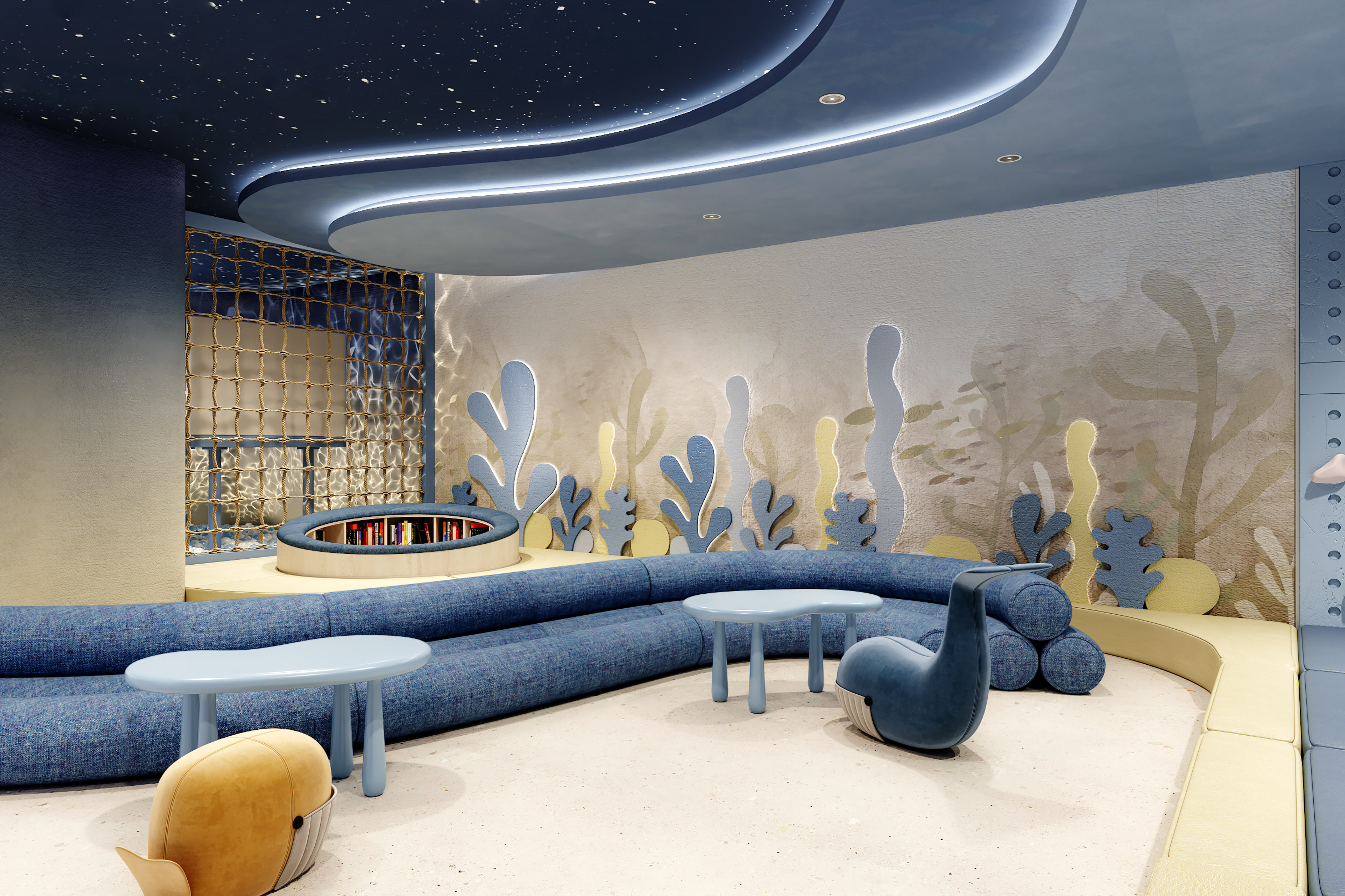 a room with a couch and tables