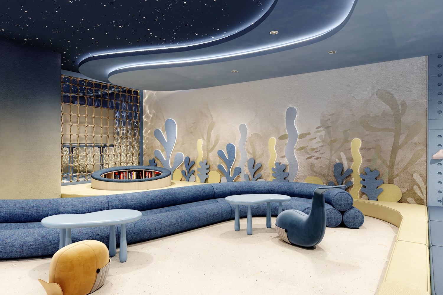 a room with a couch and tables