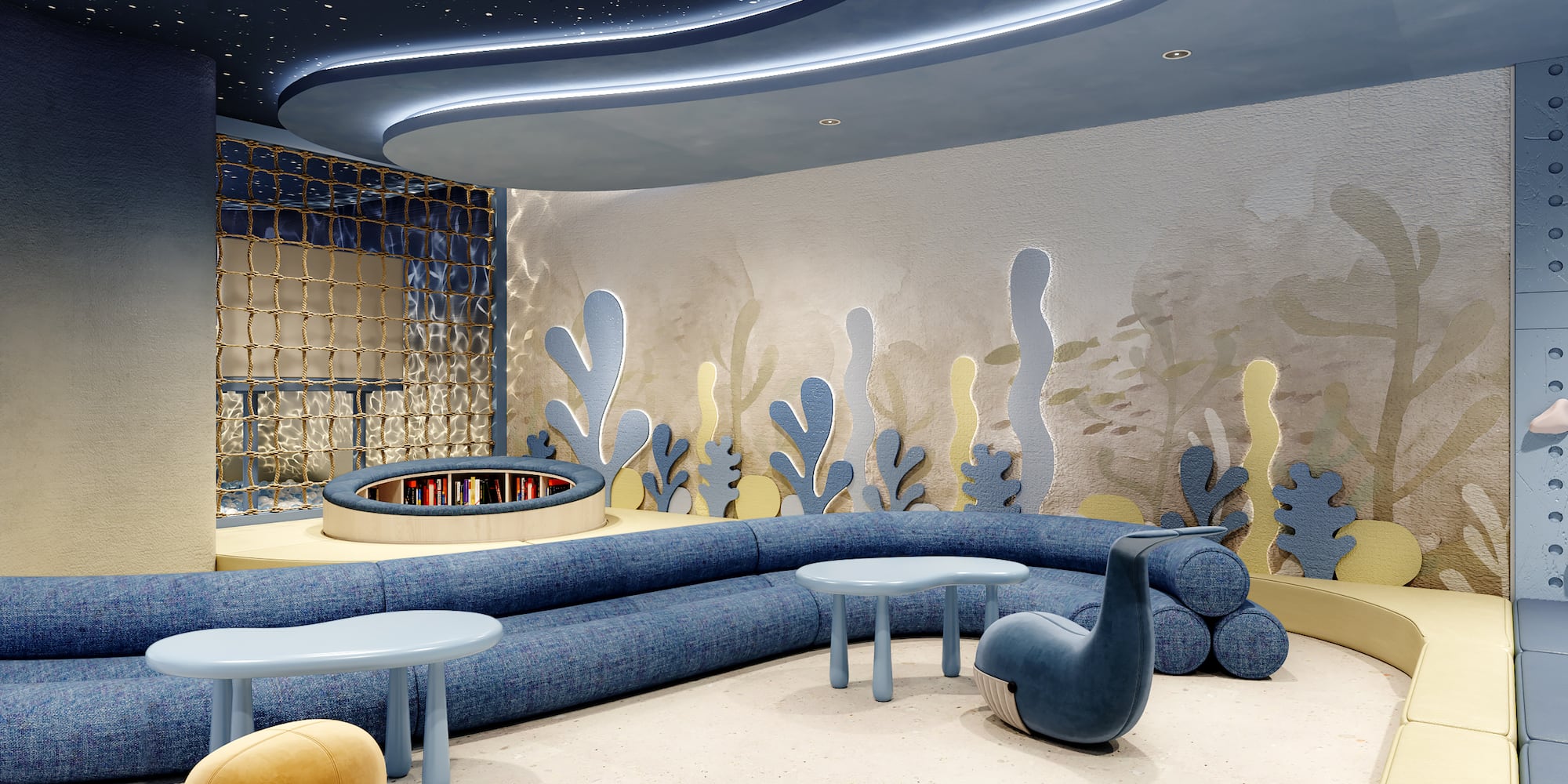 a room with a couch and tables